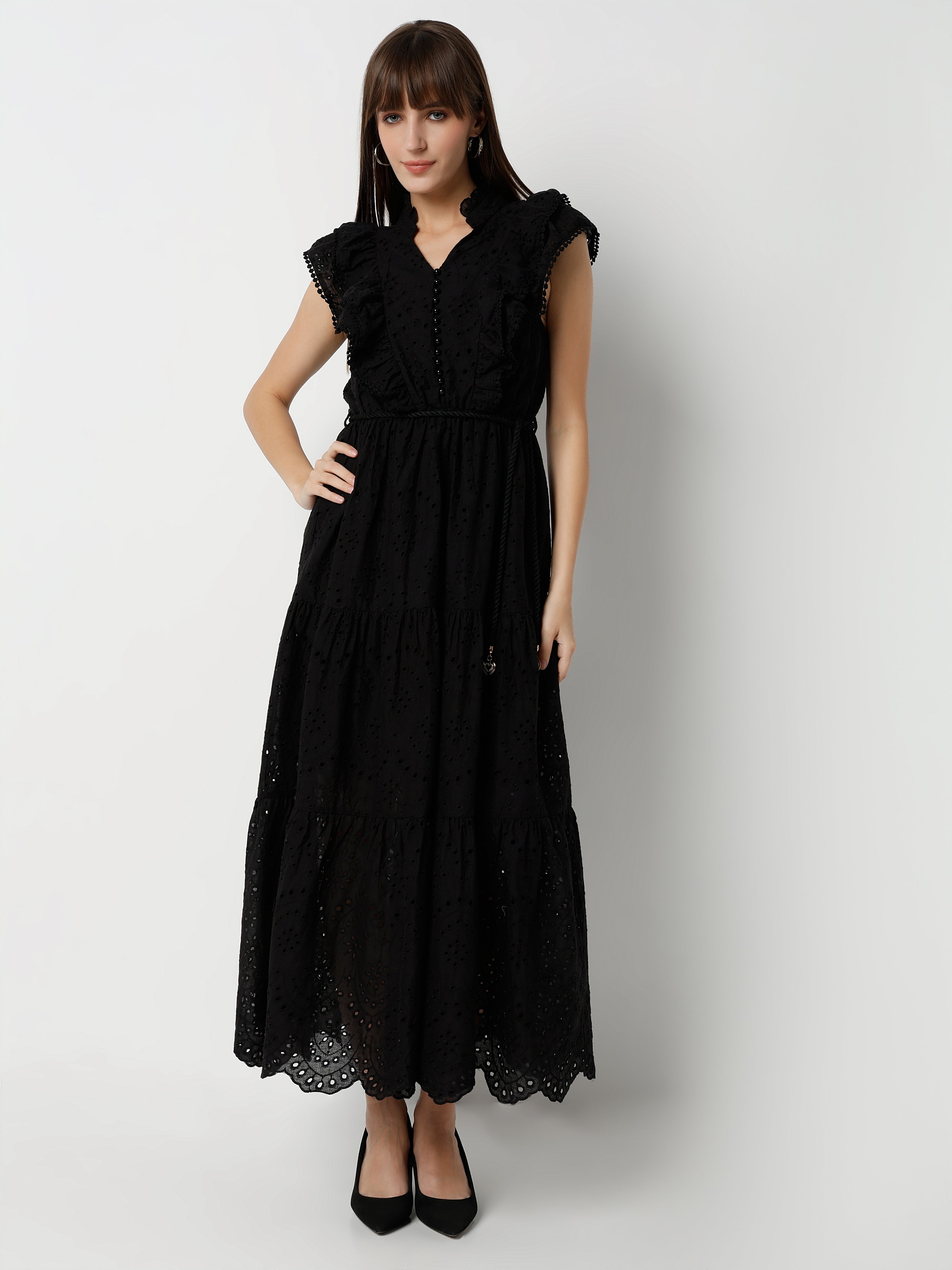 Women's Lace Maxi Dress with Ruffled Sleeves