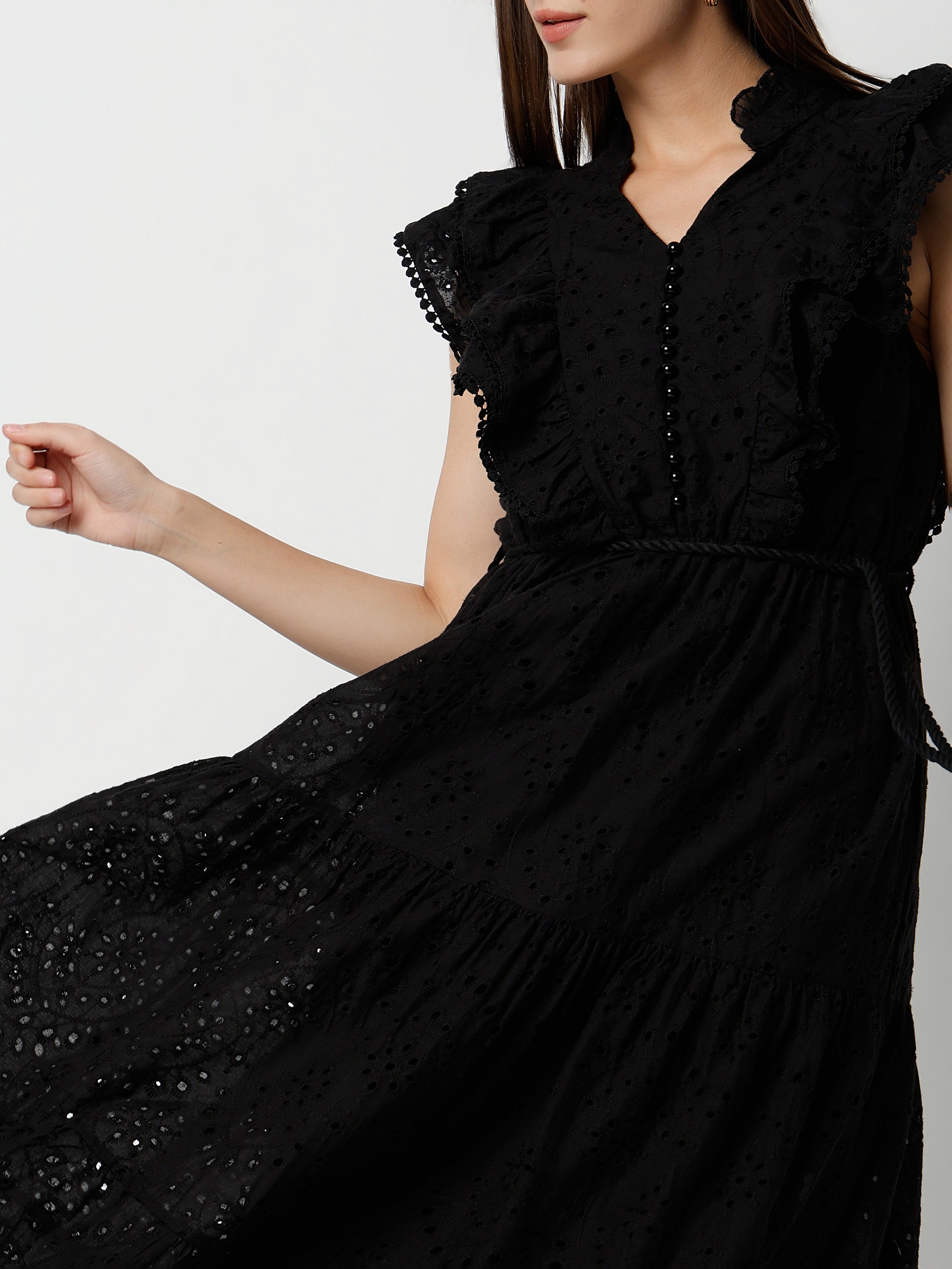 Women's Lace Maxi Dress with Ruffled Sleeves