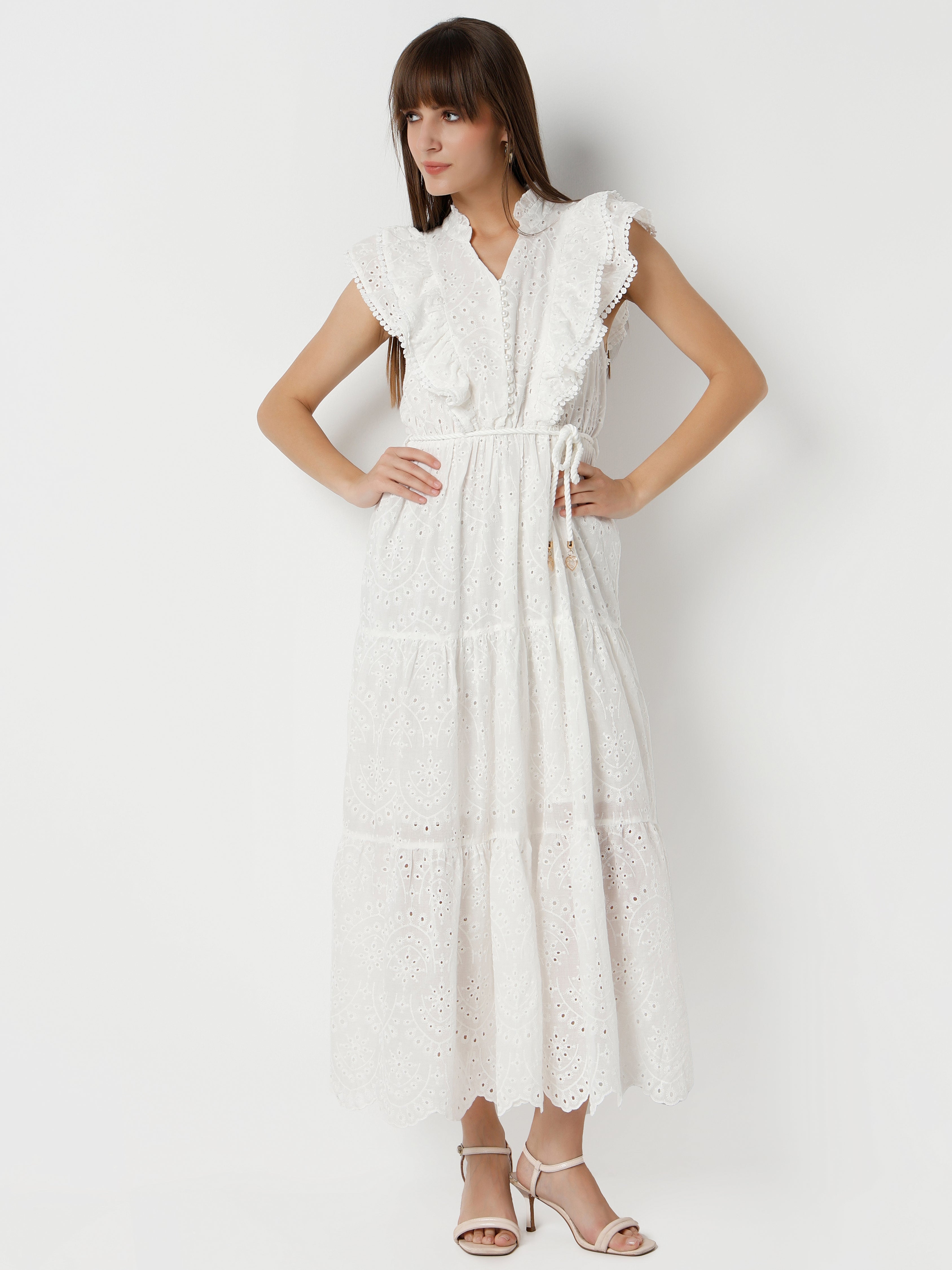 Women's Lace Maxi Dress with Ruffled Sleeves