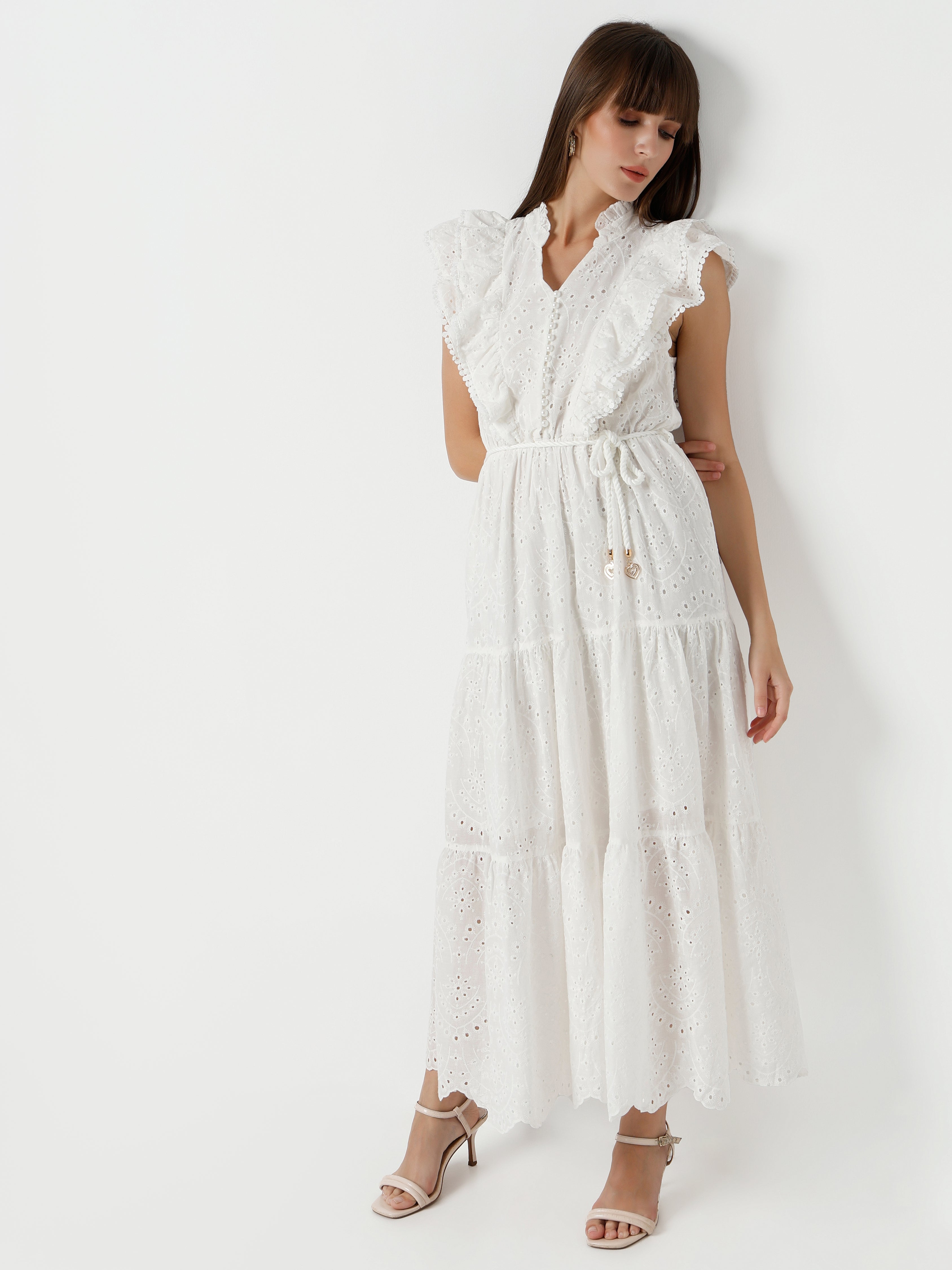 Women's Lace Maxi Dress with Ruffled Sleeves