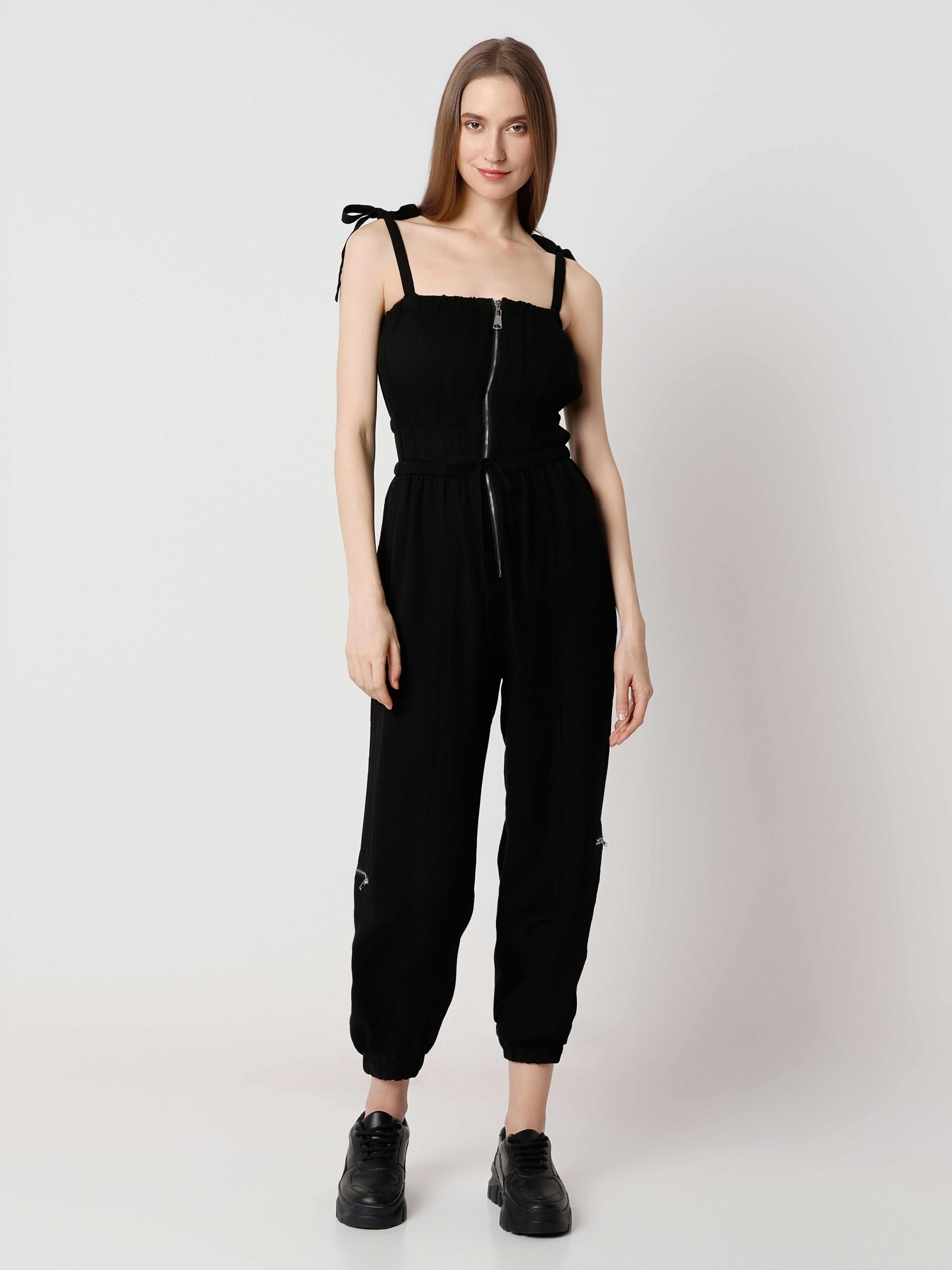 Women's Jumpsuit with Front Zipper and Tie Straps