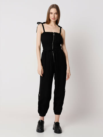 Women's Jumpsuit with Front Zipper and Tie Straps