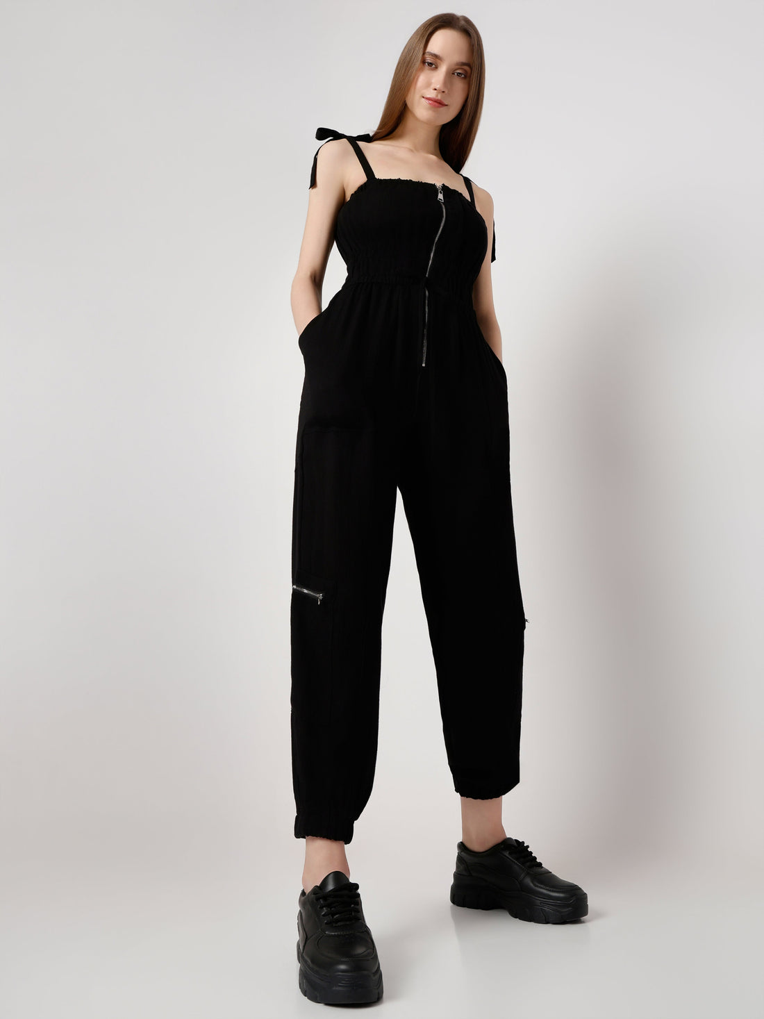 Women's Jumpsuit with Front Zipper and Tie Straps