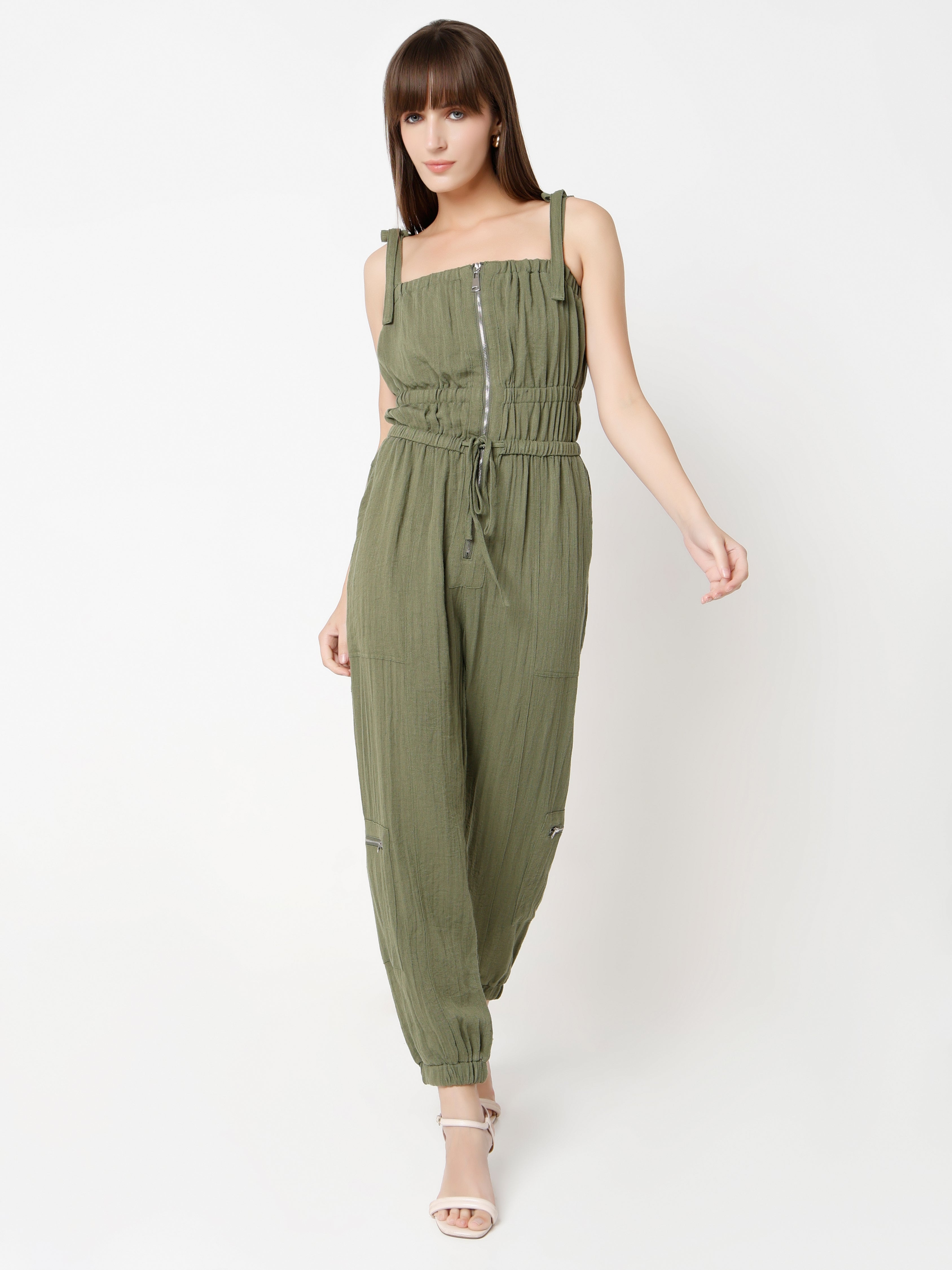 Women's Jumpsuit with Front Zipper and Tie Straps
