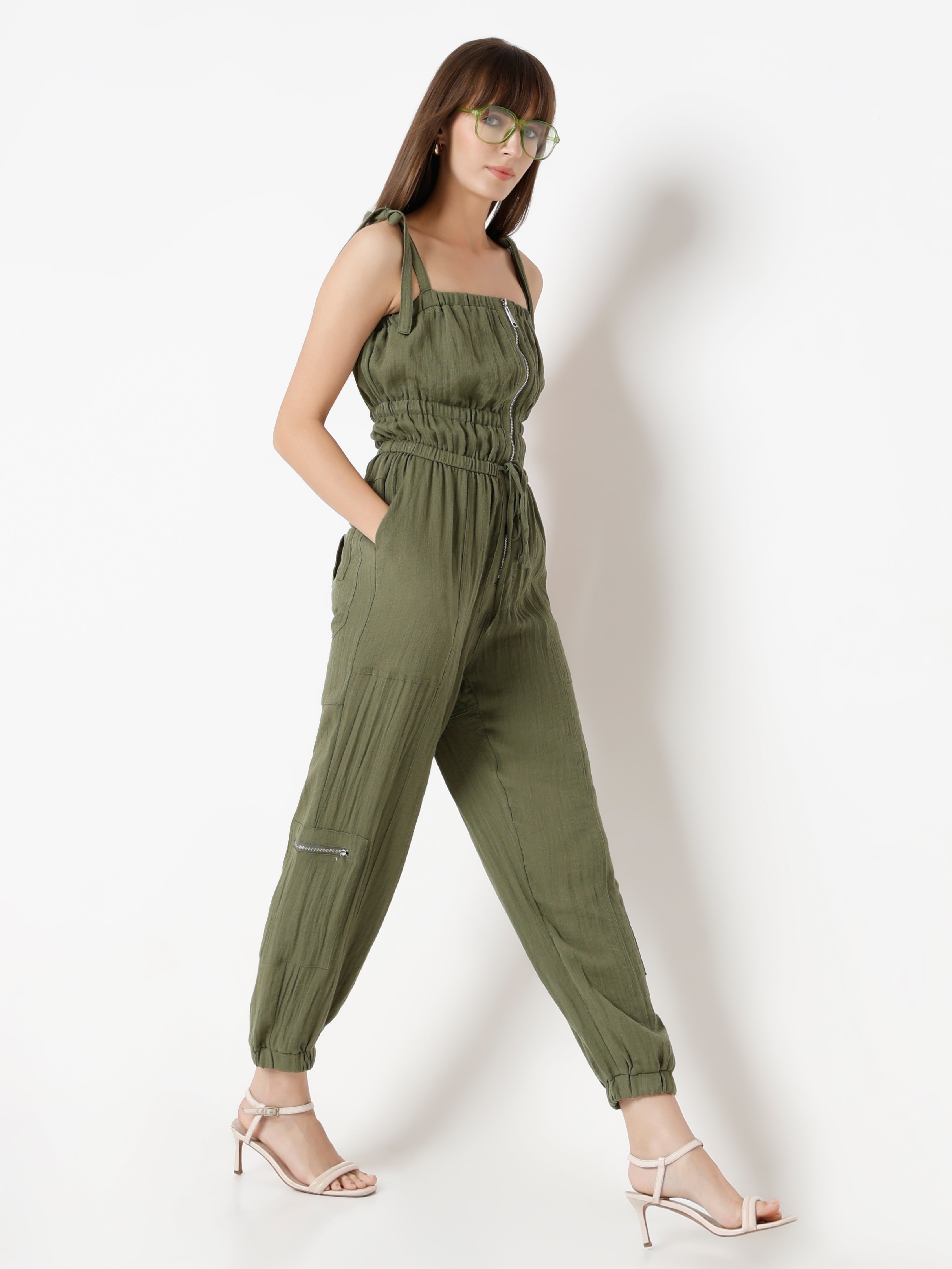 Women's Jumpsuit with Front Zipper and Tie Straps