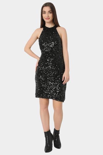 Black Sequin Halter Neck Bodycon Dress