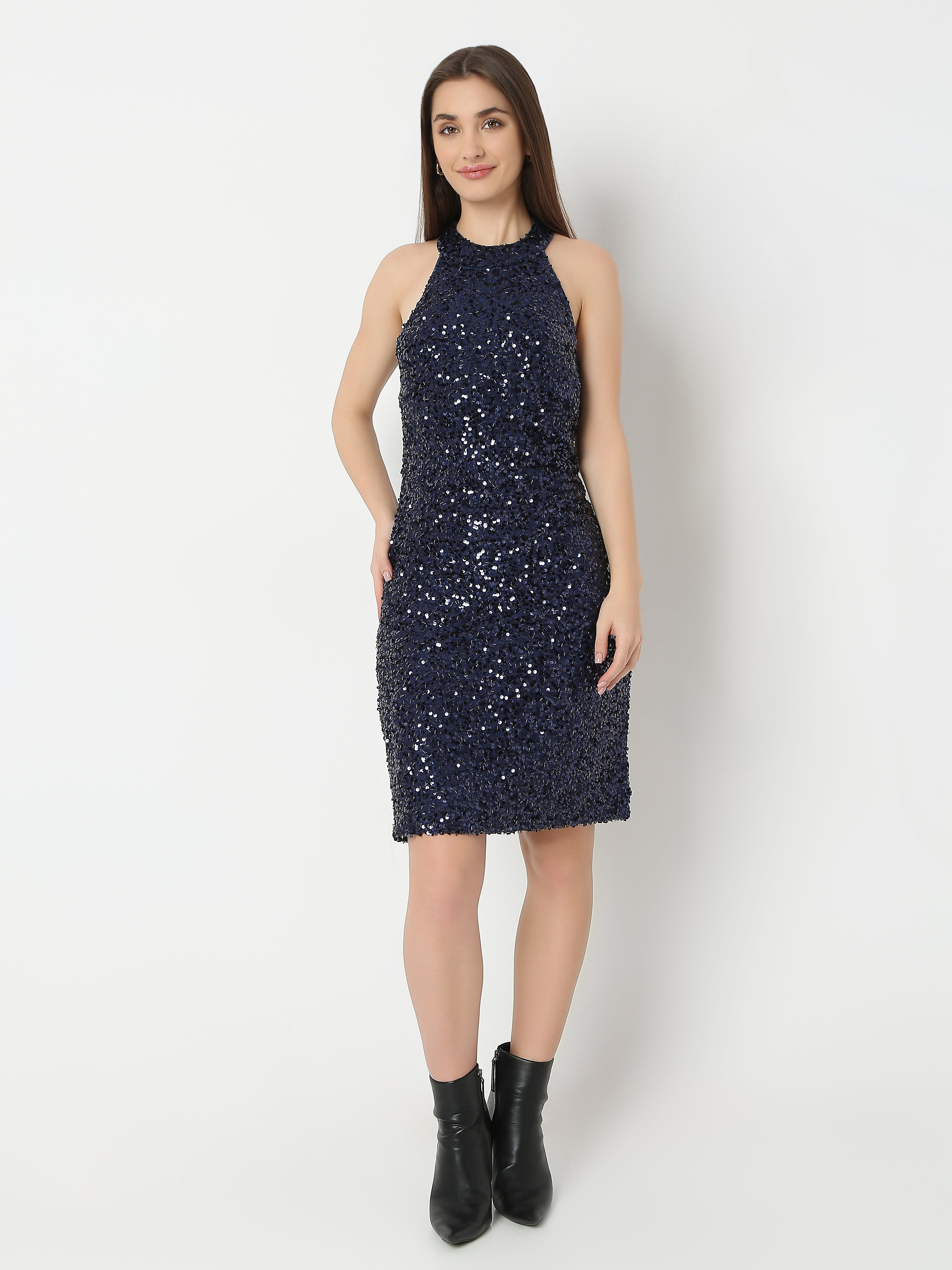 Women's Sleeveless Sequin Embellished Knee-Length Dress