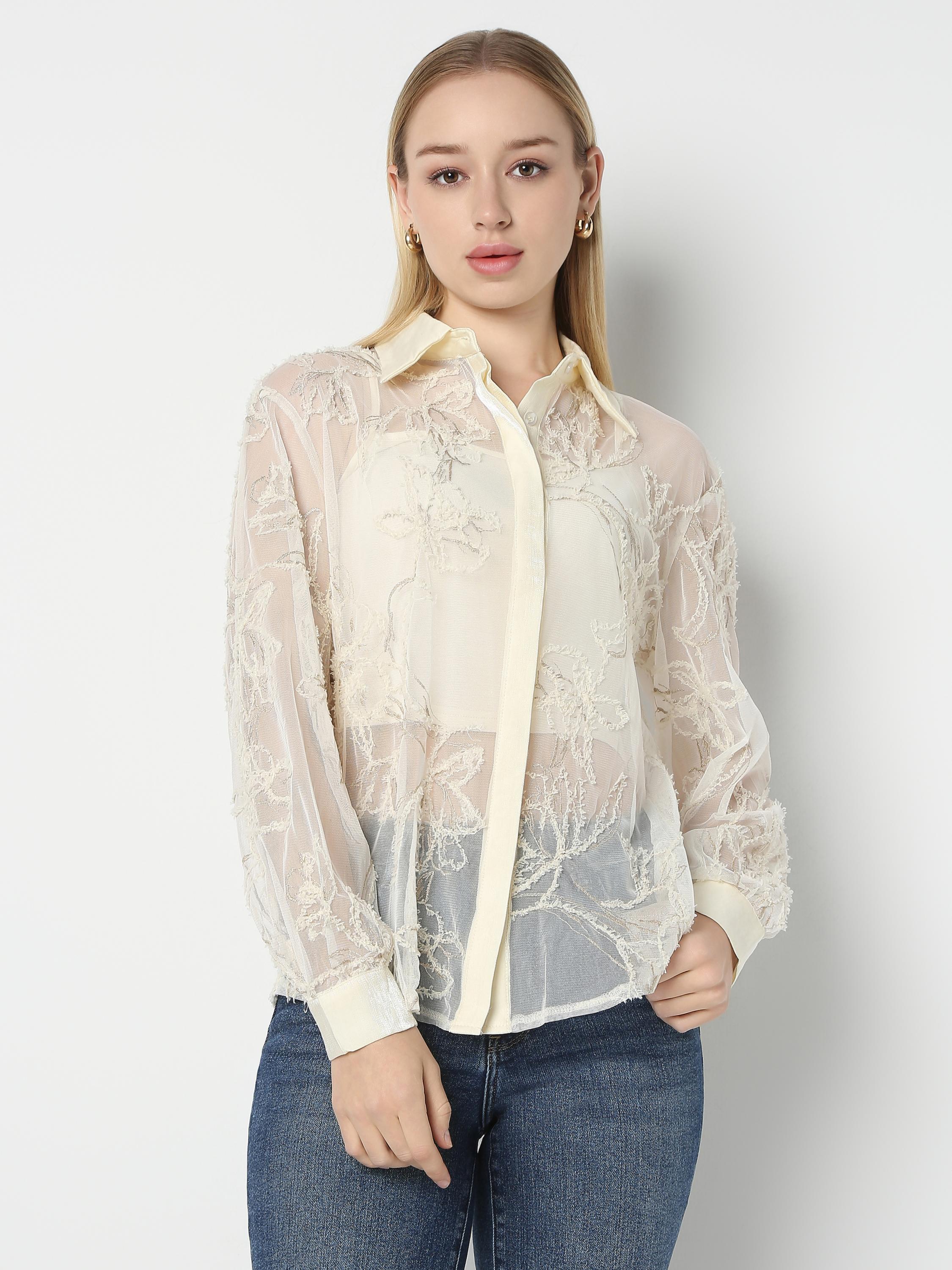Sheer Floral Embroidered Button Shirt