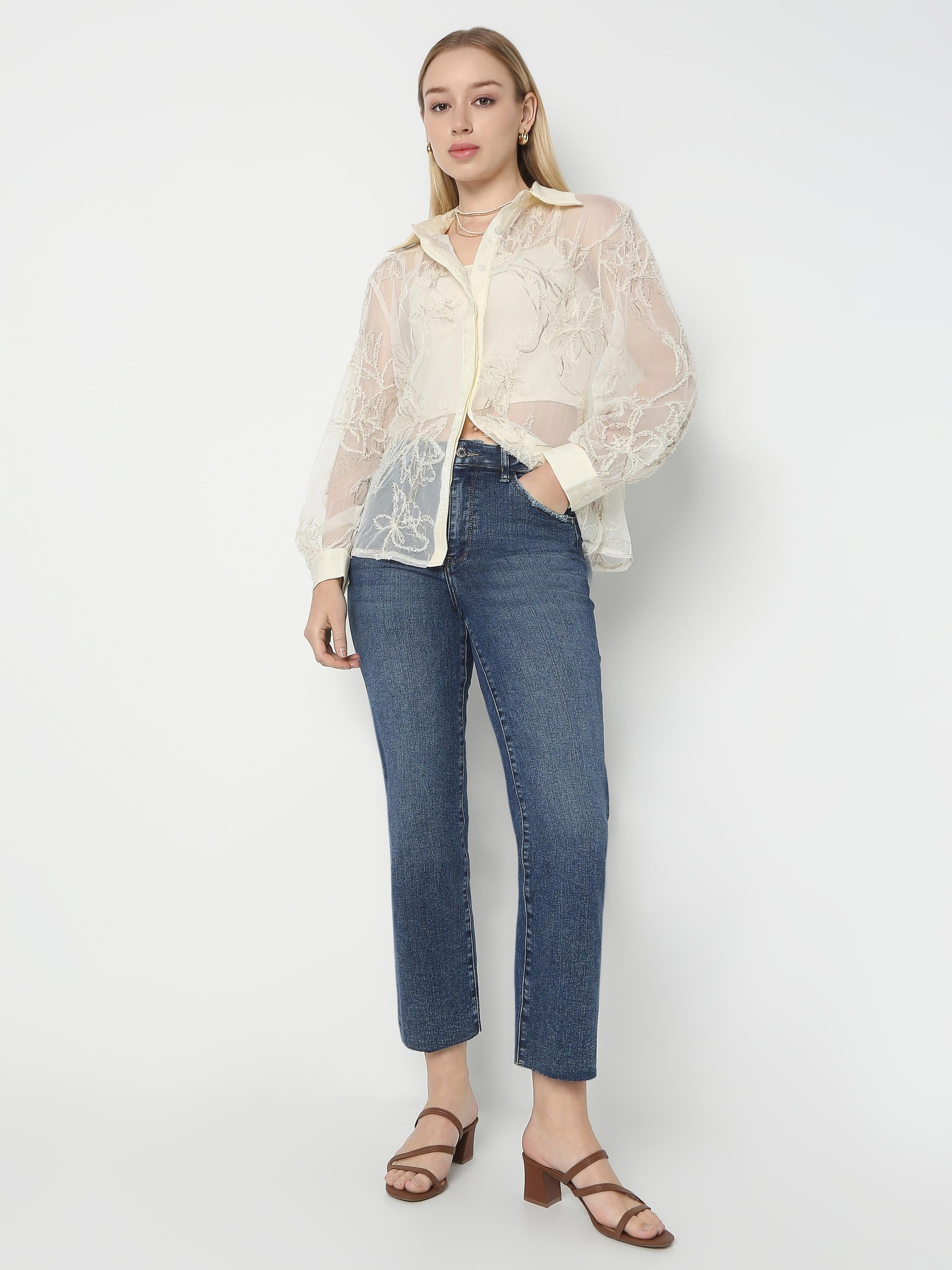 Sheer Floral Embroidered Button Shirt