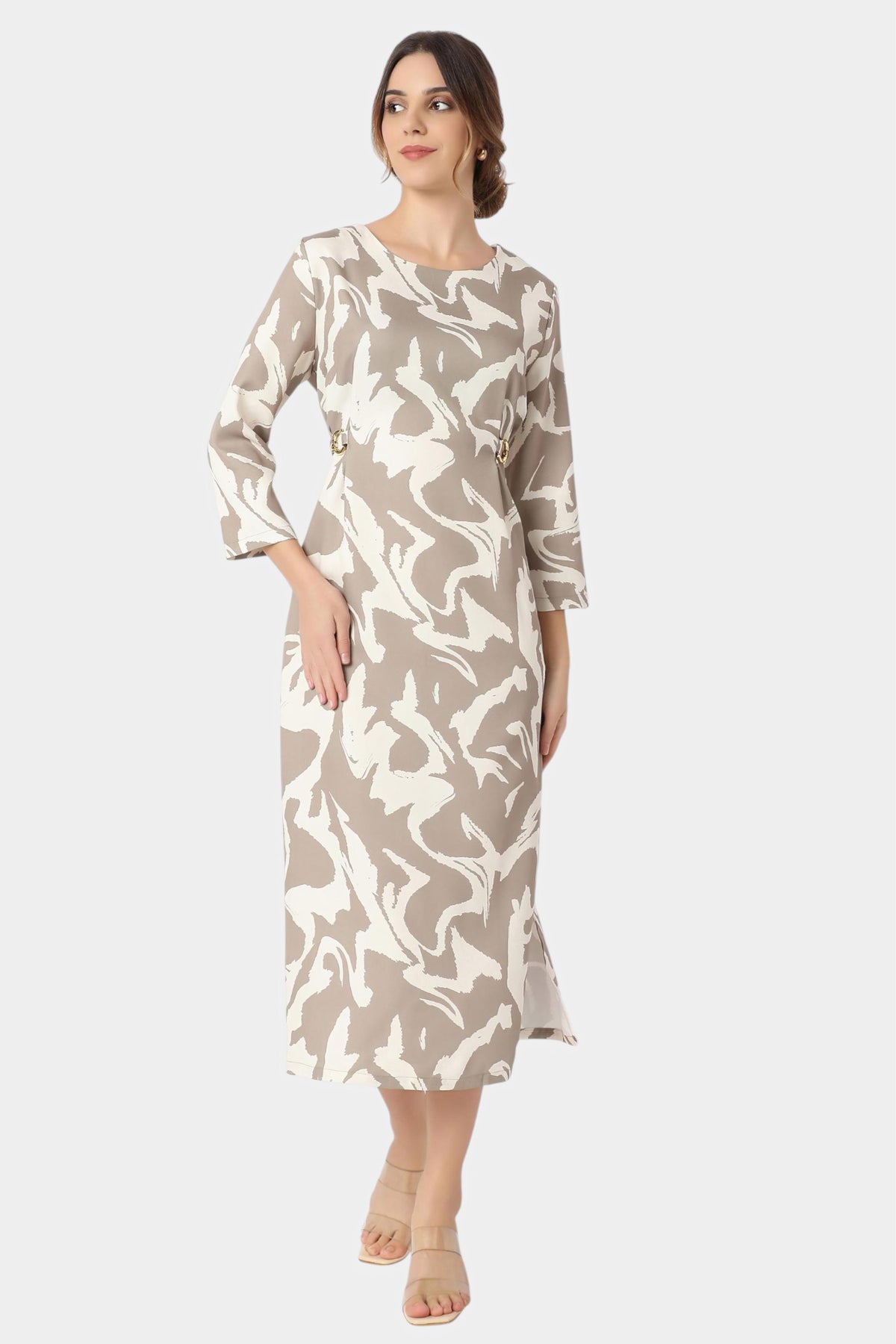 Beige Abstract Print Midi Dress with Buckle Detail