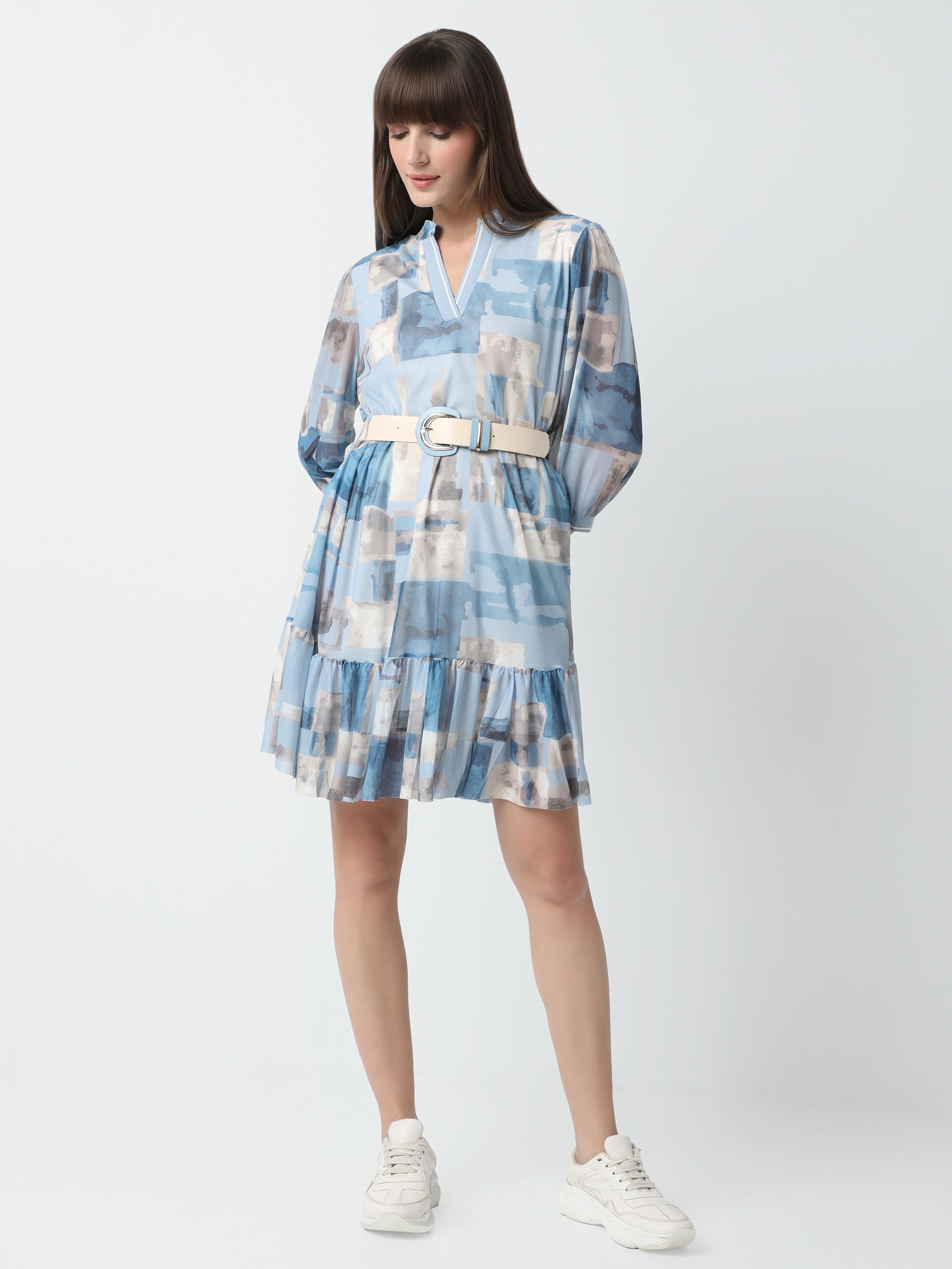 Women's Abstract Print Belted Dress with Puff Sleeves