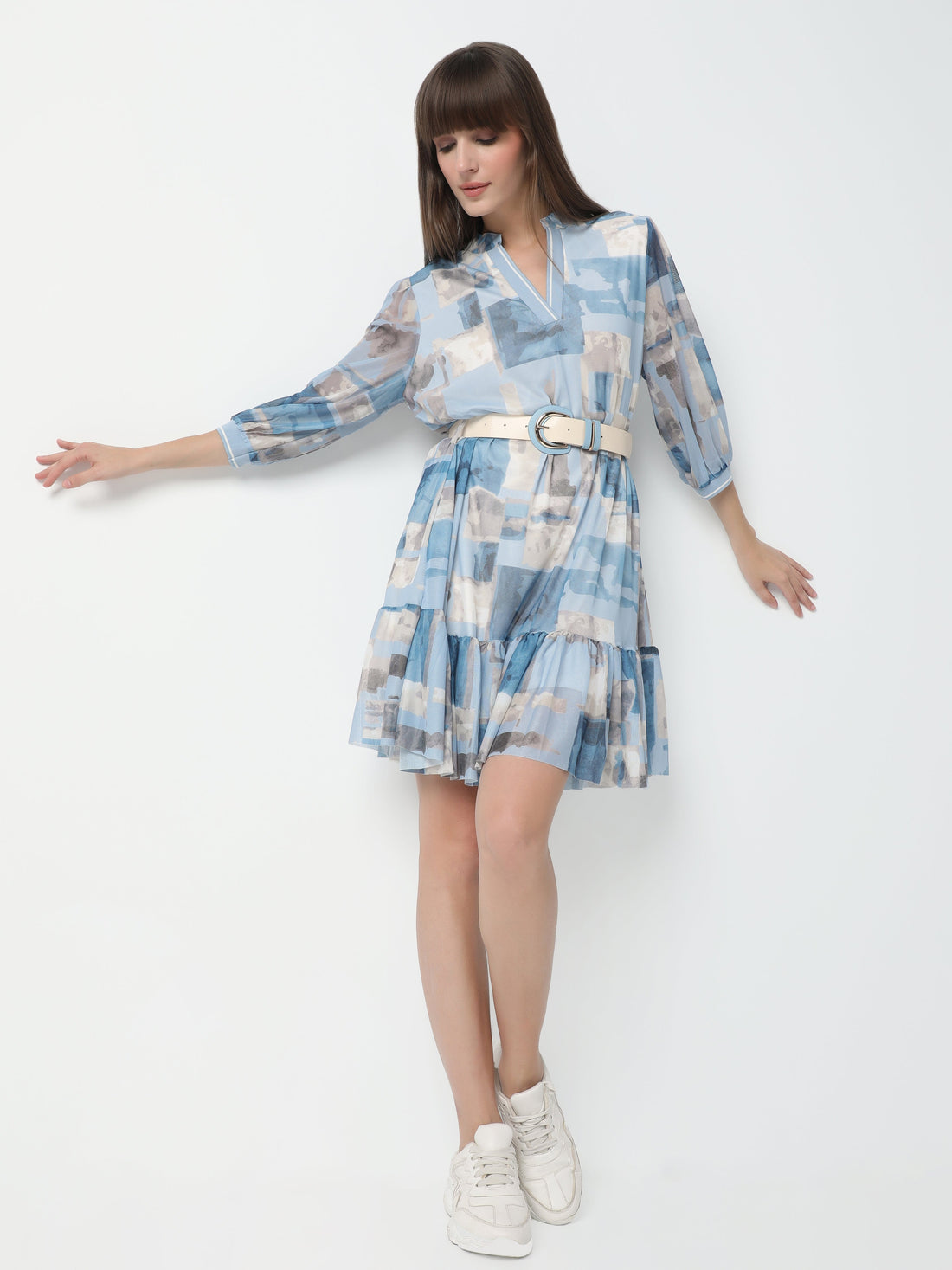 Women's Abstract Print Belted Dress with Puff Sleeves