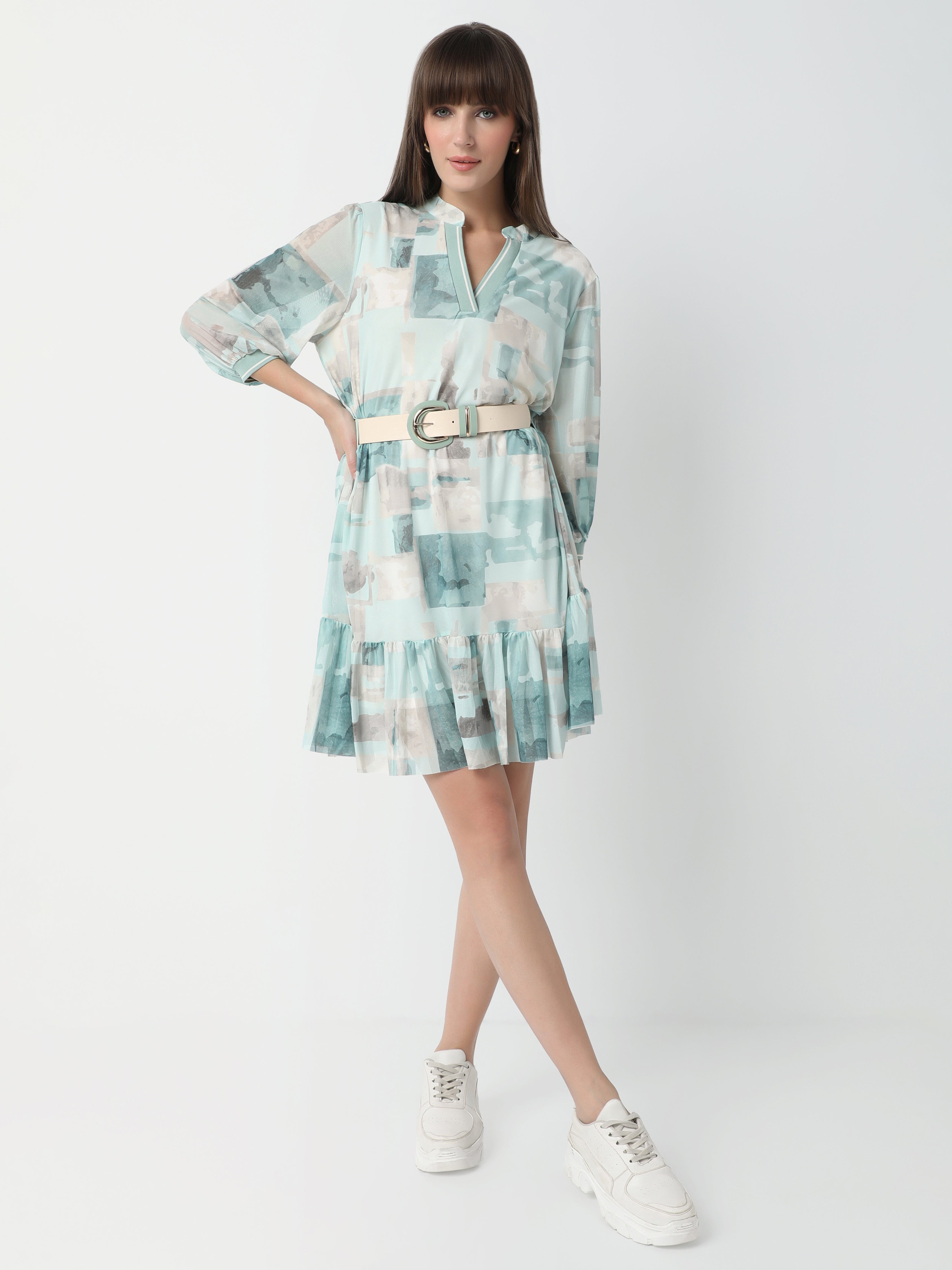 Women's Abstract Print Belted Dress with Puff Sleeves