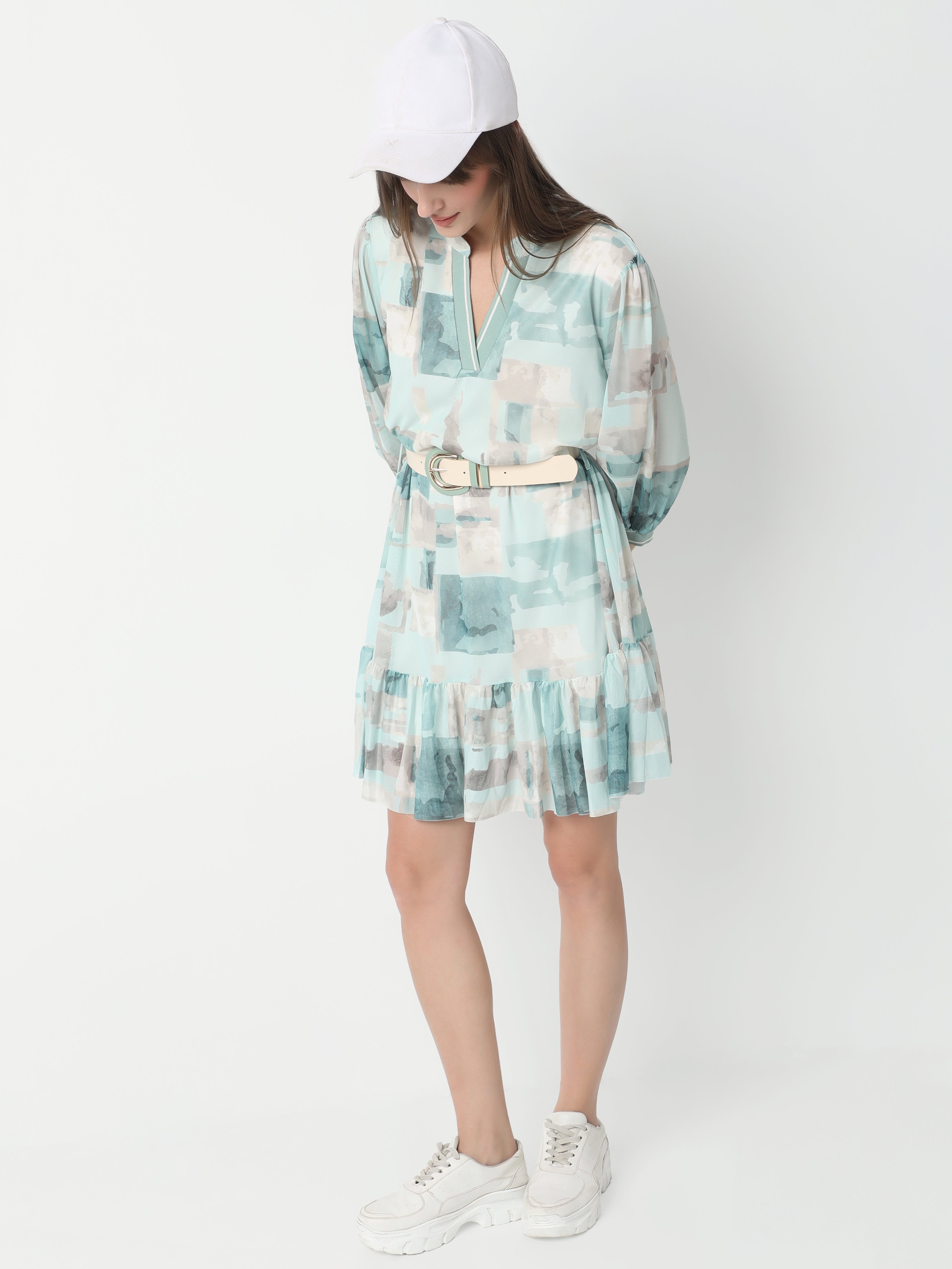 Women's Abstract Print Belted Dress with Puff Sleeves