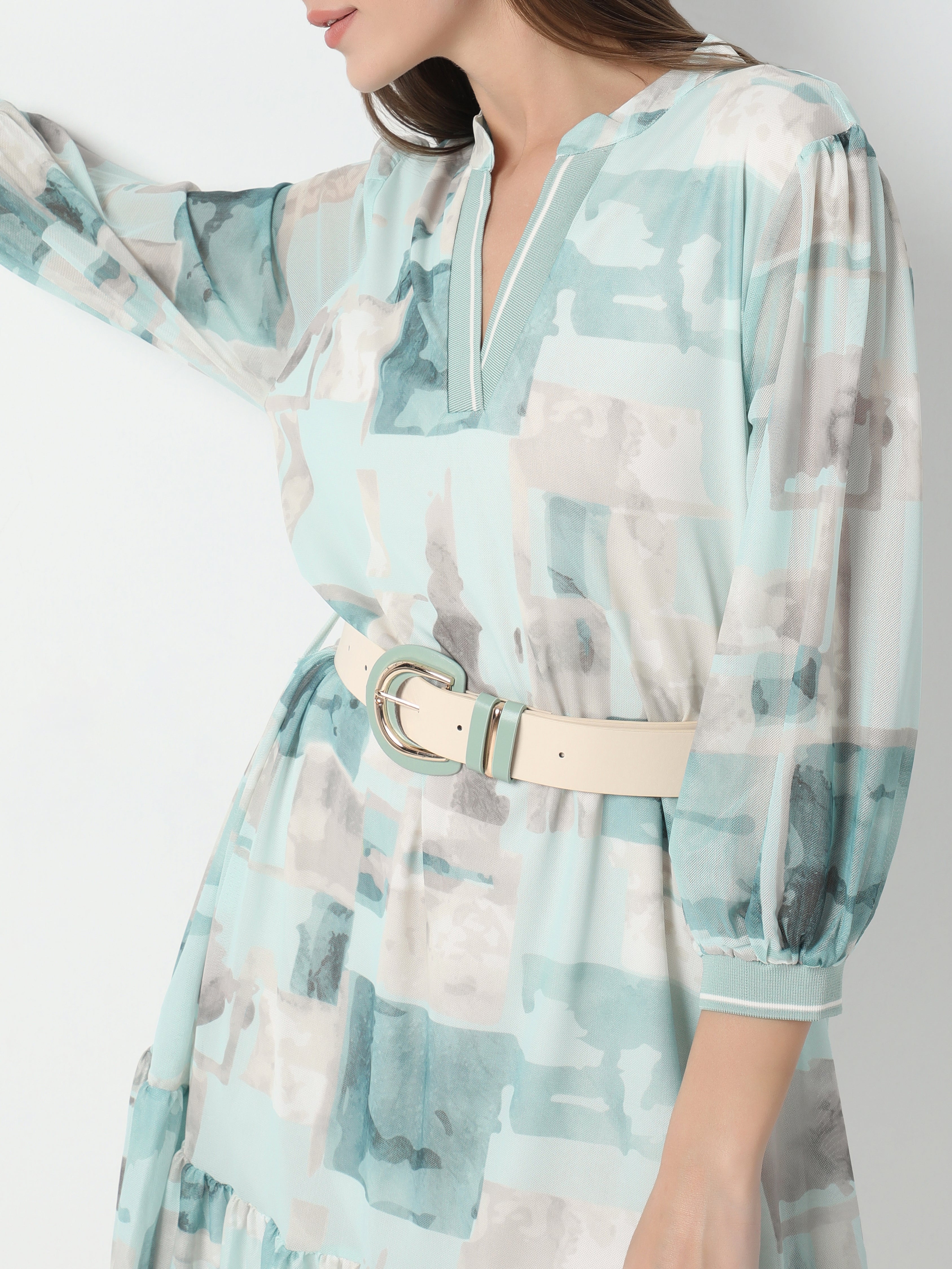 Women's Abstract Print Belted Dress with Puff Sleeves