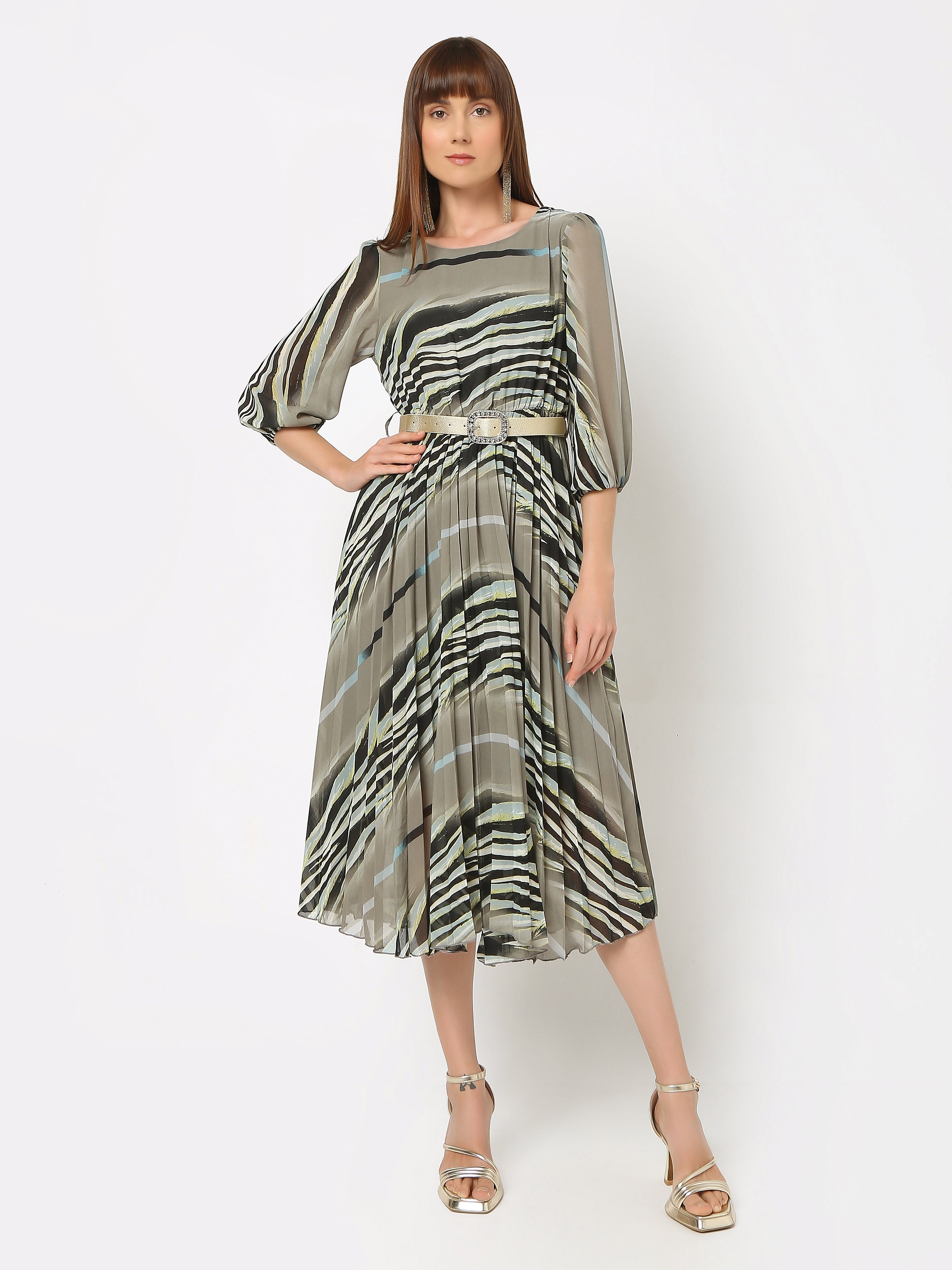 Women's Pleated Midi Dress with Balloon Sleeves