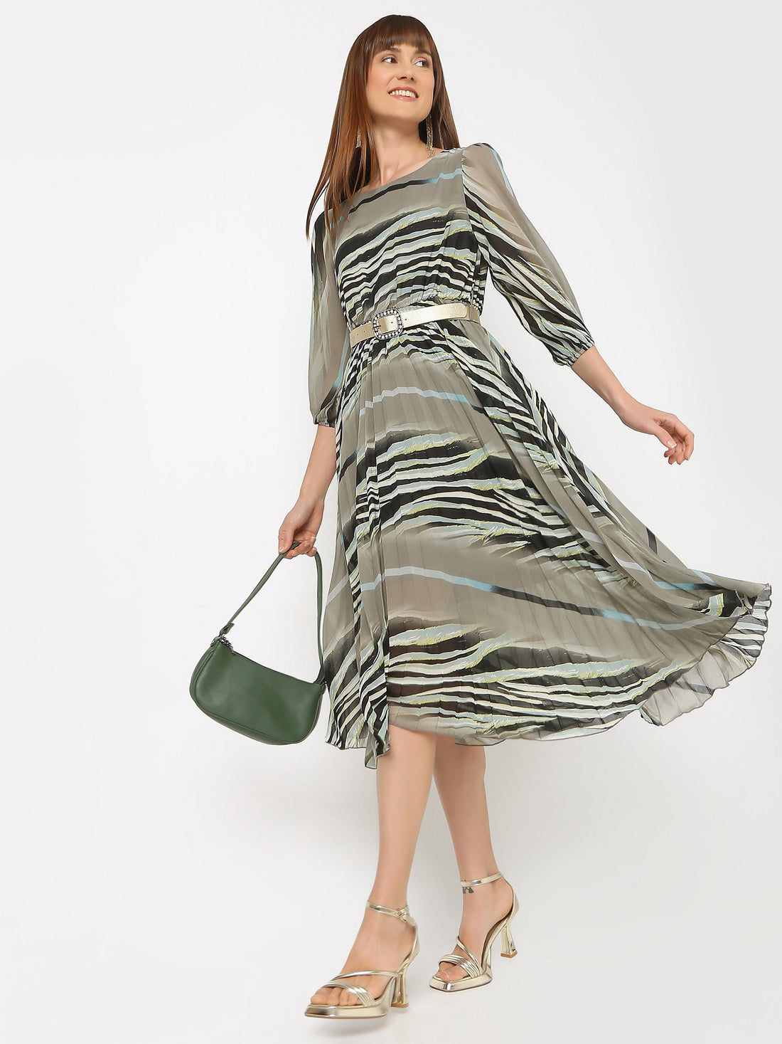Women's Pleated Midi Dress with Balloon Sleeves