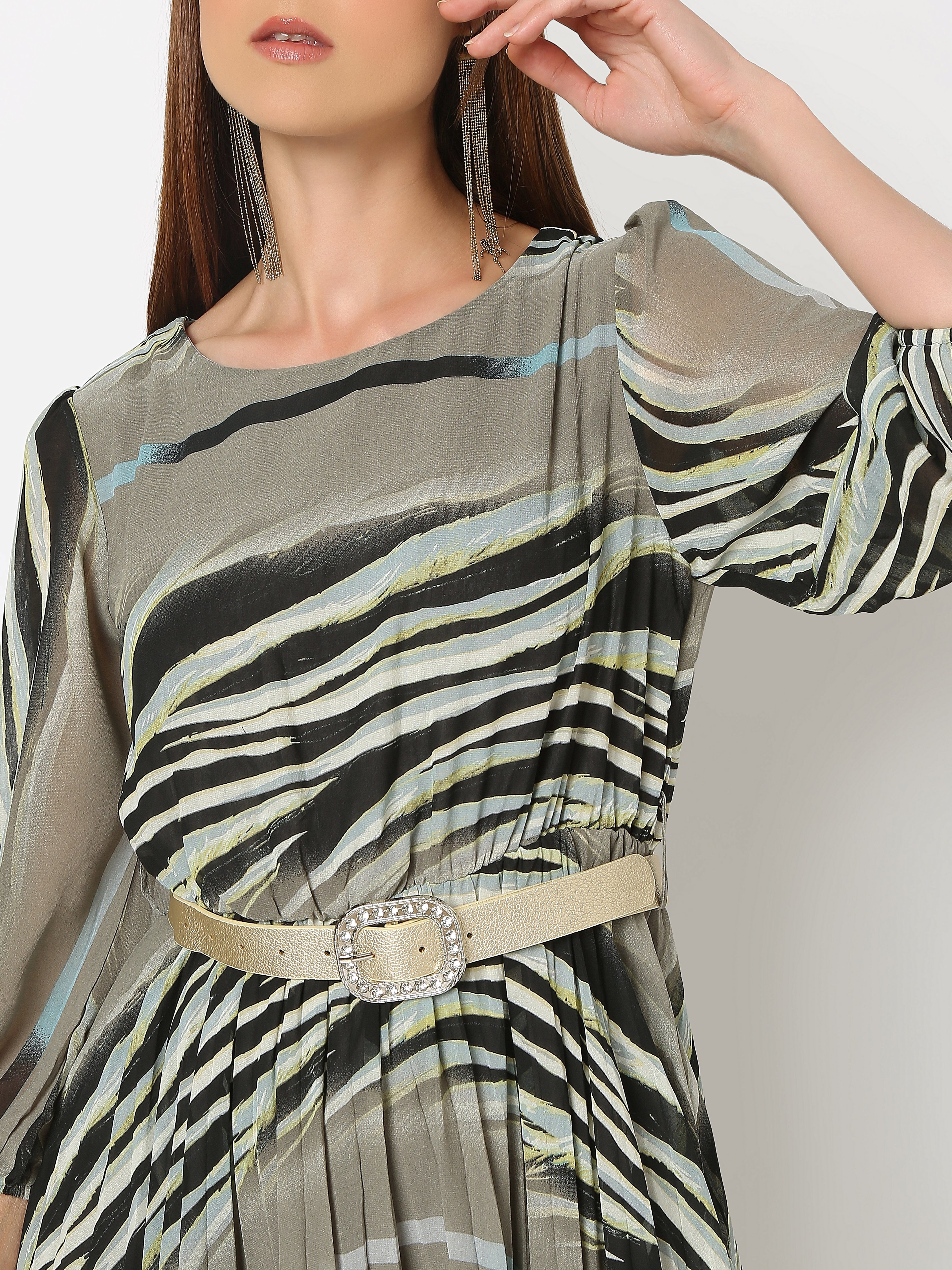 Women's Pleated Midi Dress with Balloon Sleeves