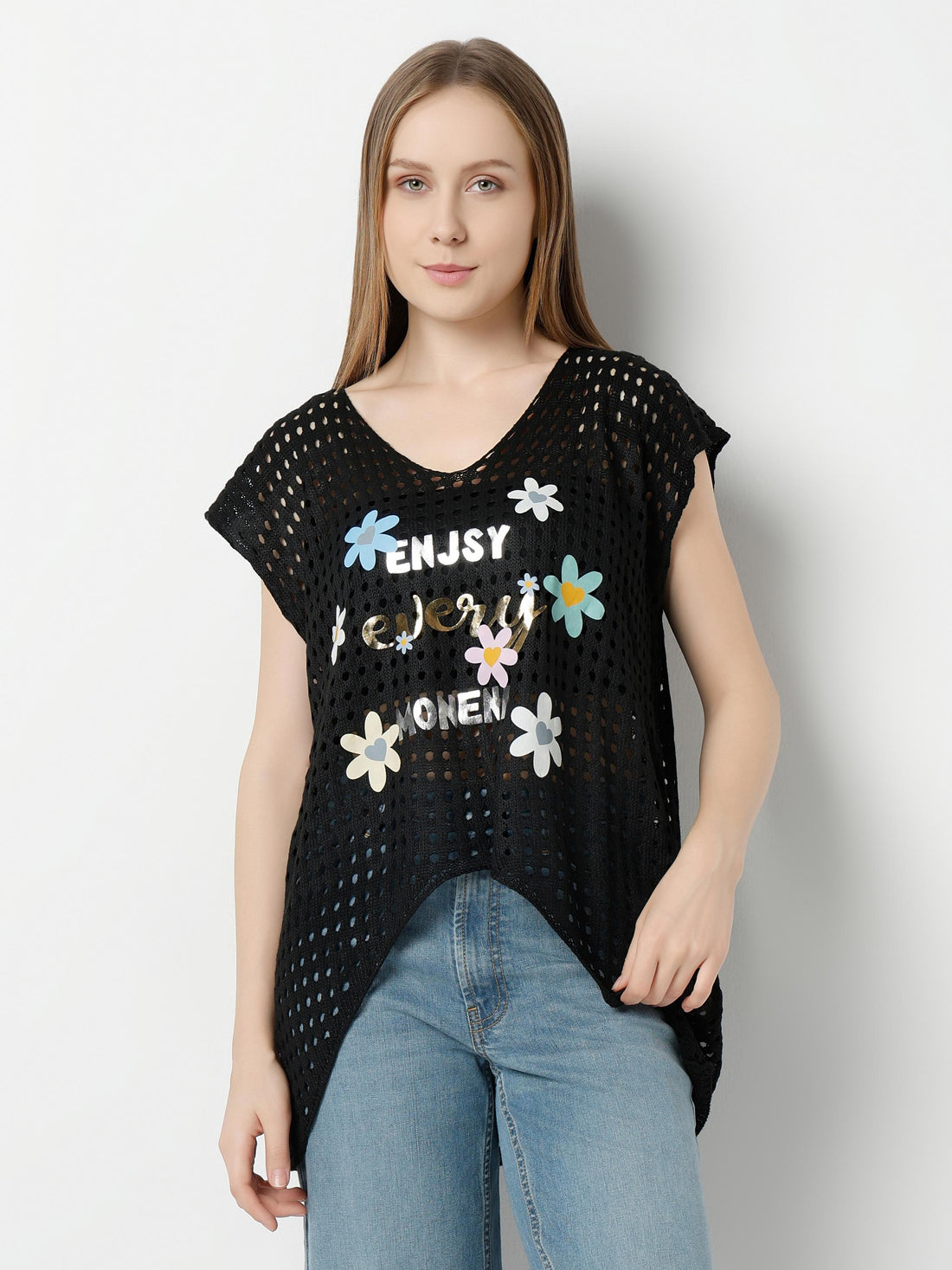 Floral Graphic Mesh Knit Top