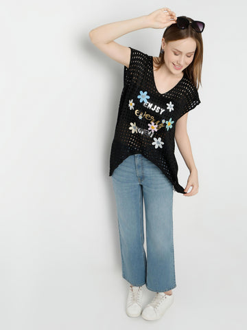 Floral Graphic Mesh Knit Top