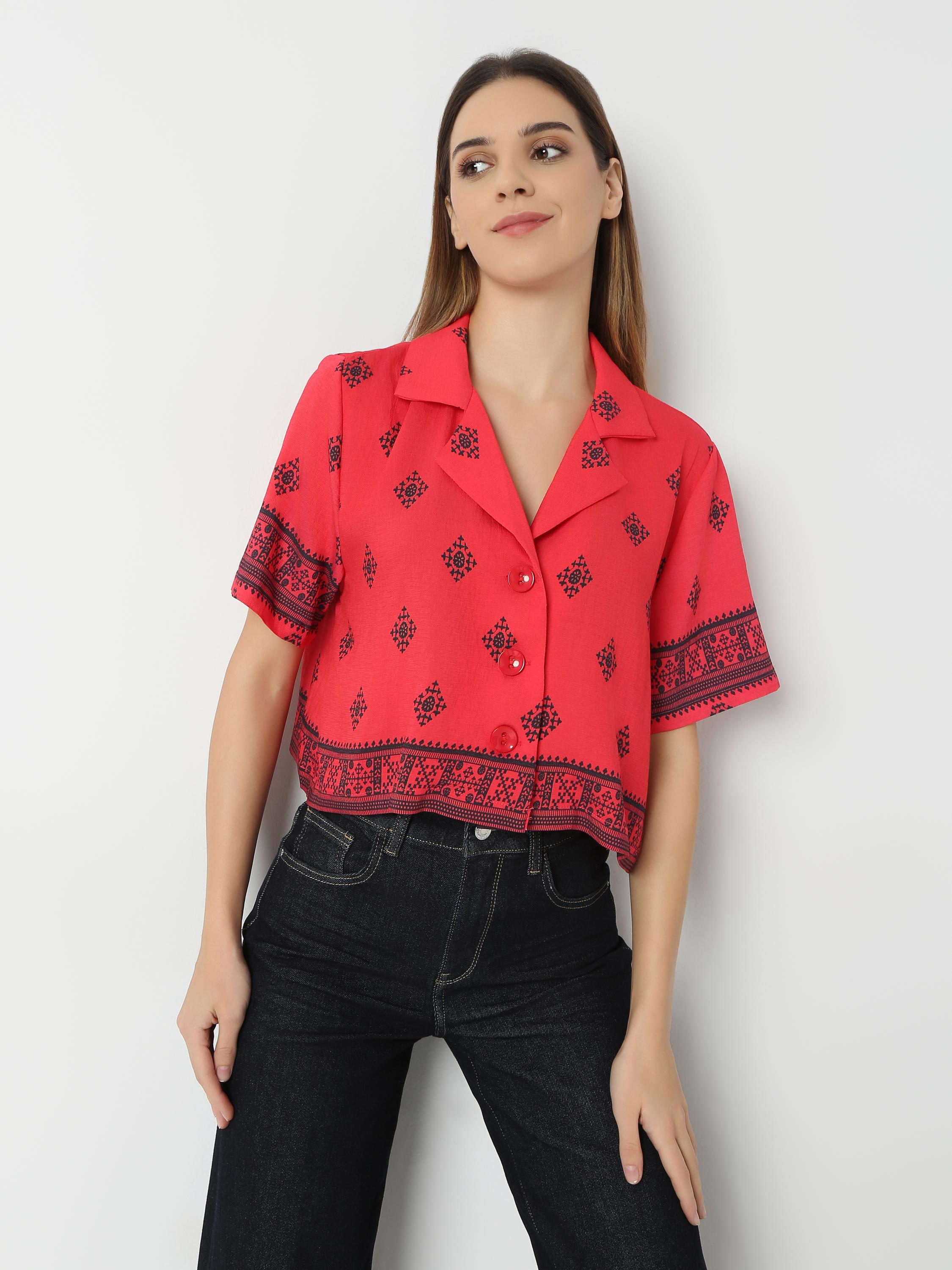 Printed Button Front Crop Shirt
