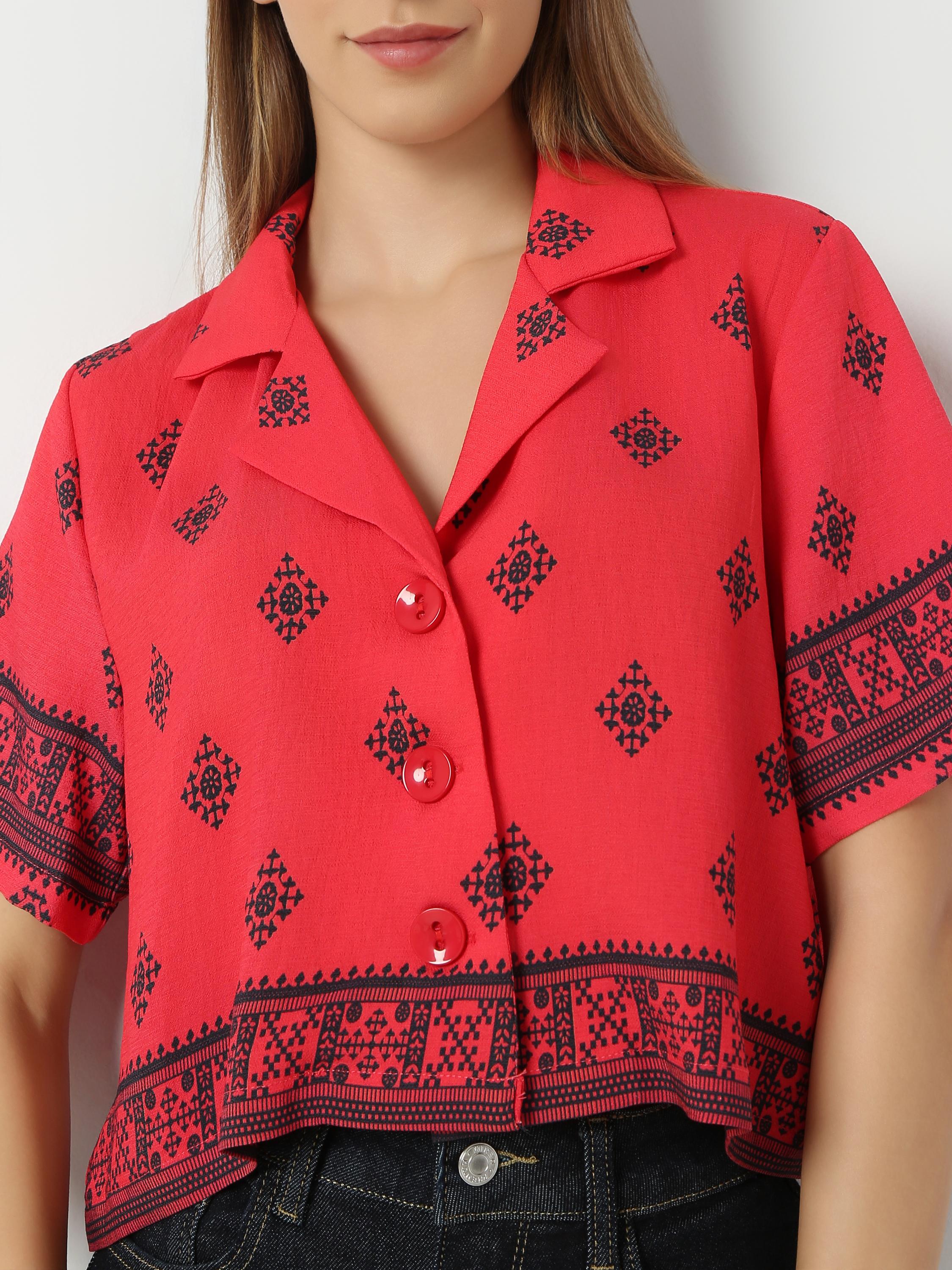 Printed Button Front Crop Shirt