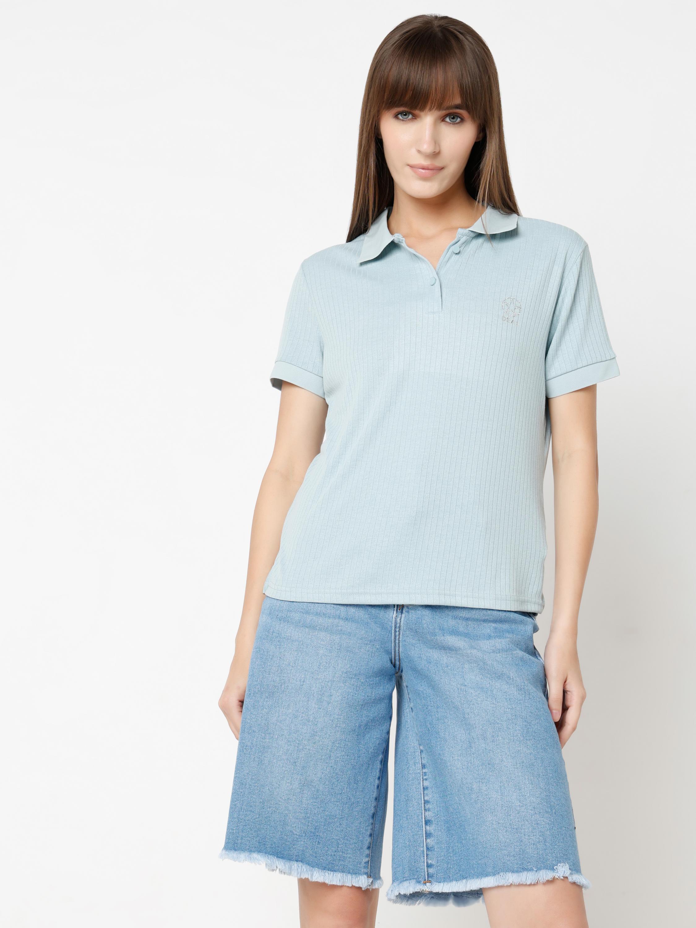 Ribbed Polo Collar Top with Tonal Rhinestone Emblem