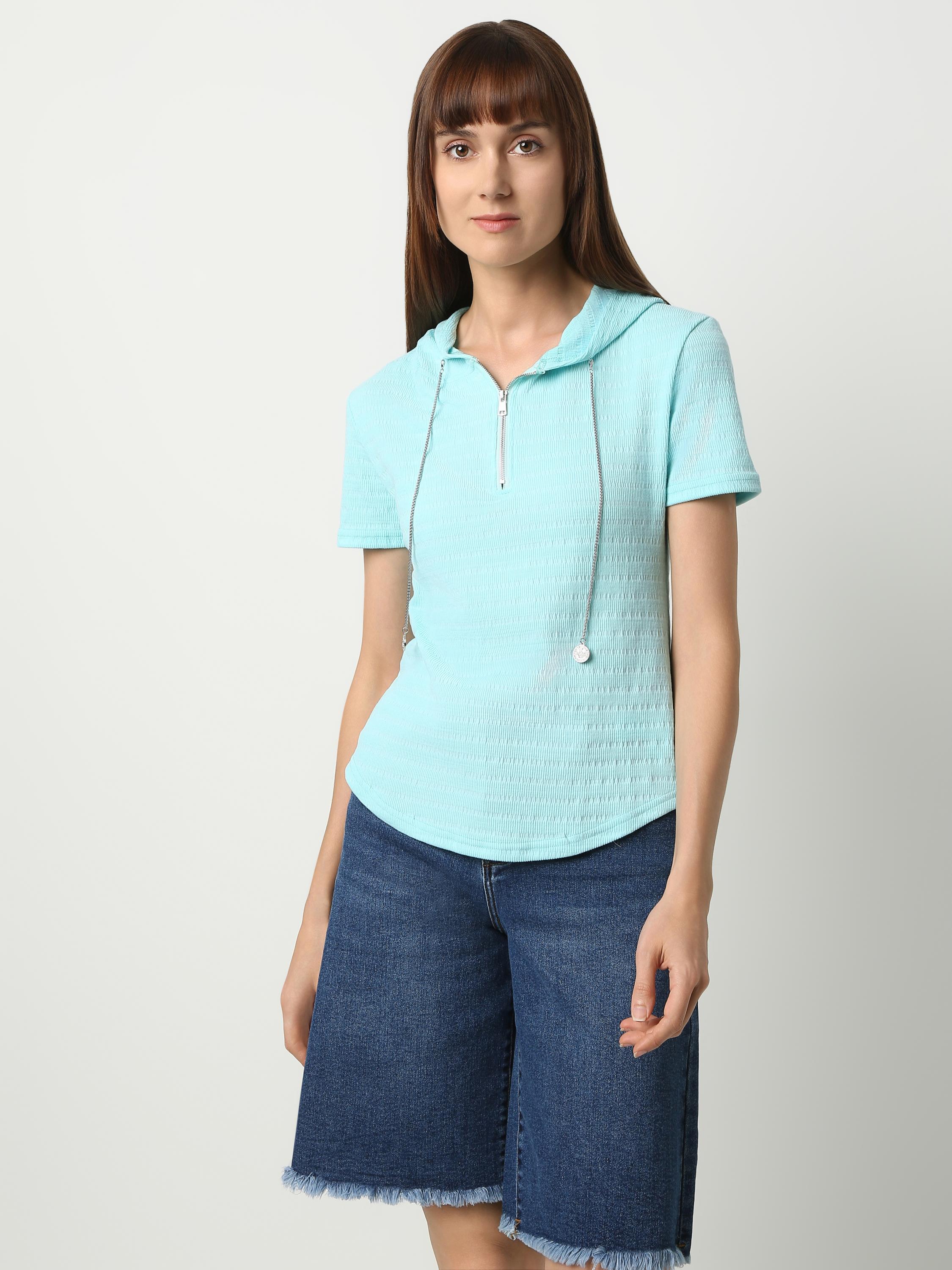 Sporty Zip Neck Hooded Top