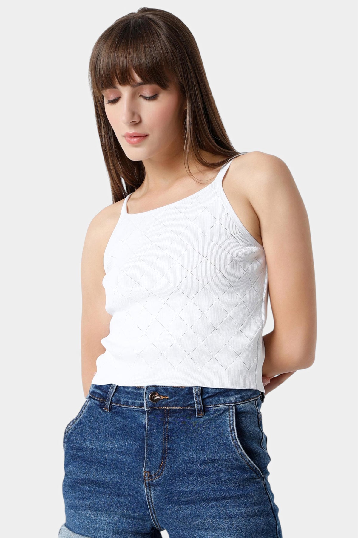White Textured Knit Strappy Crop Top
