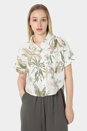 White Tropical Leaf Print Crop Shirt