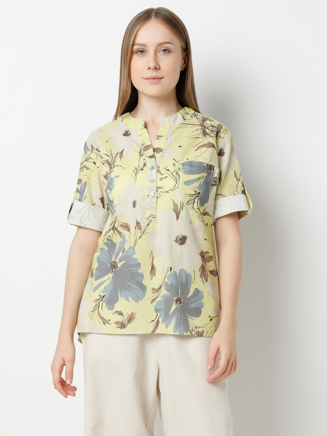 Floral Print Top with Contrast Rolled Cuffs