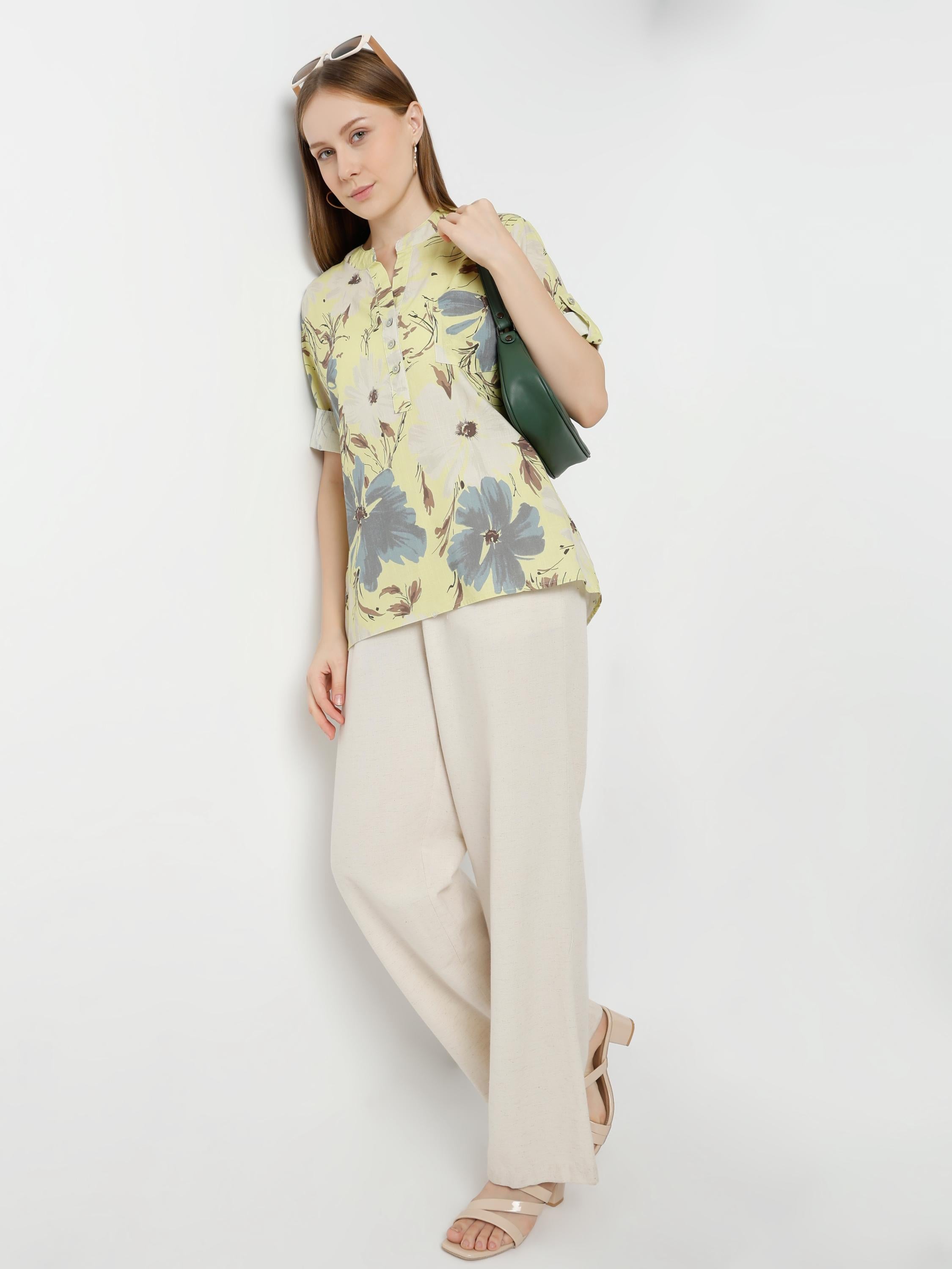 Floral Print Top with Contrast Rolled Cuffs