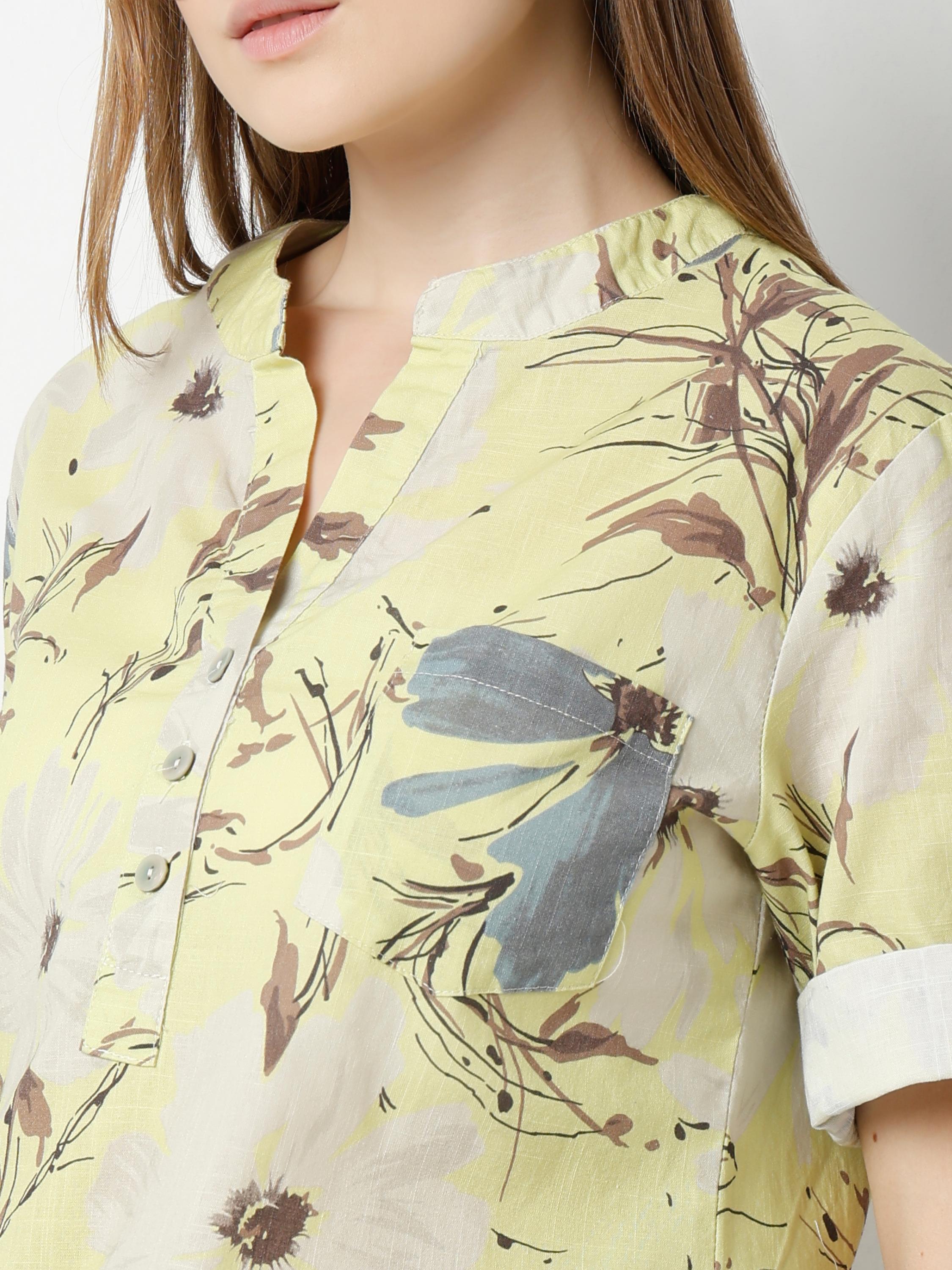 Floral Print Top with Contrast Rolled Cuffs