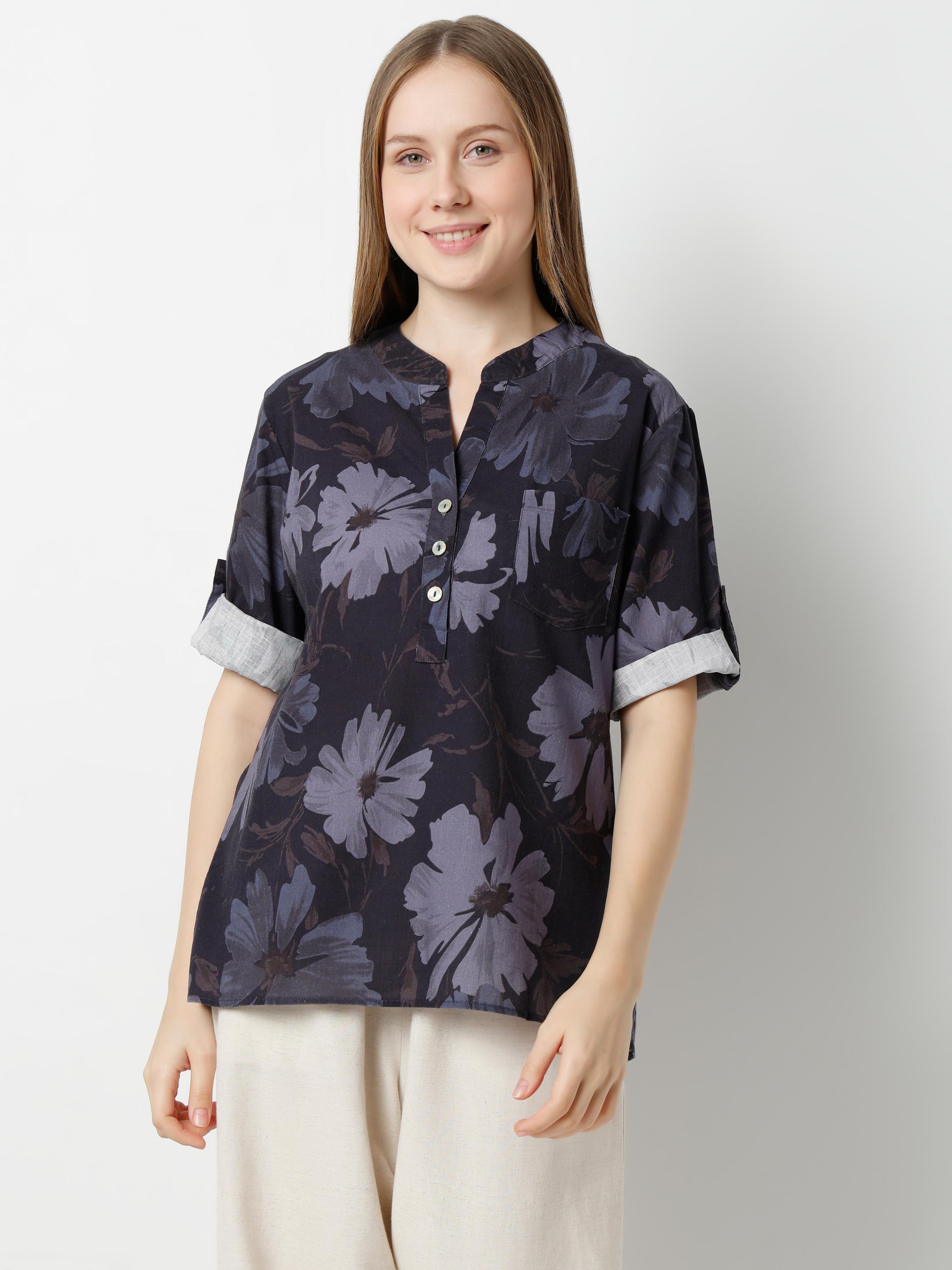 Floral Print Top with Contrast Rolled Cuffs