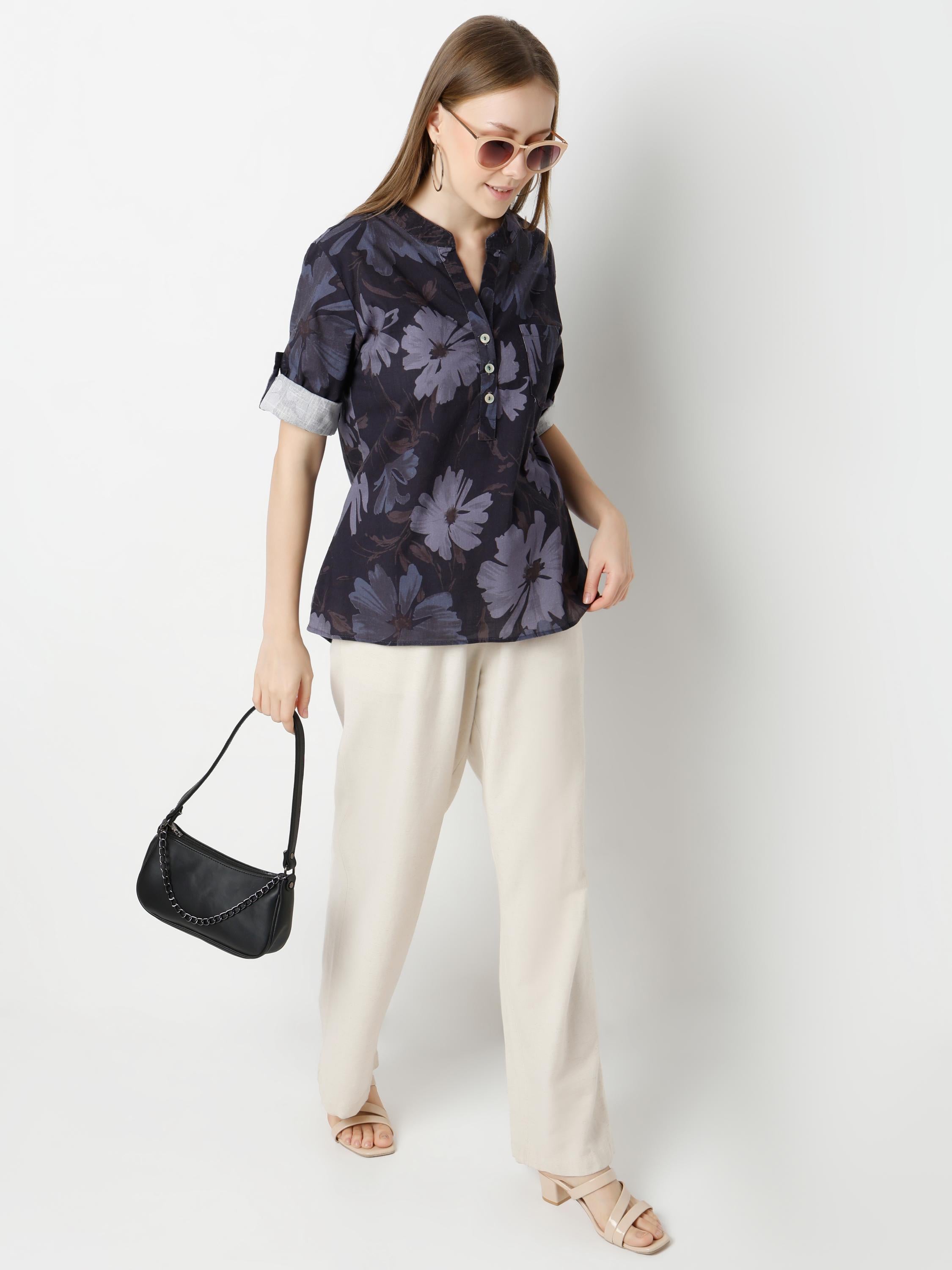 Floral Print Top with Contrast Rolled Cuffs