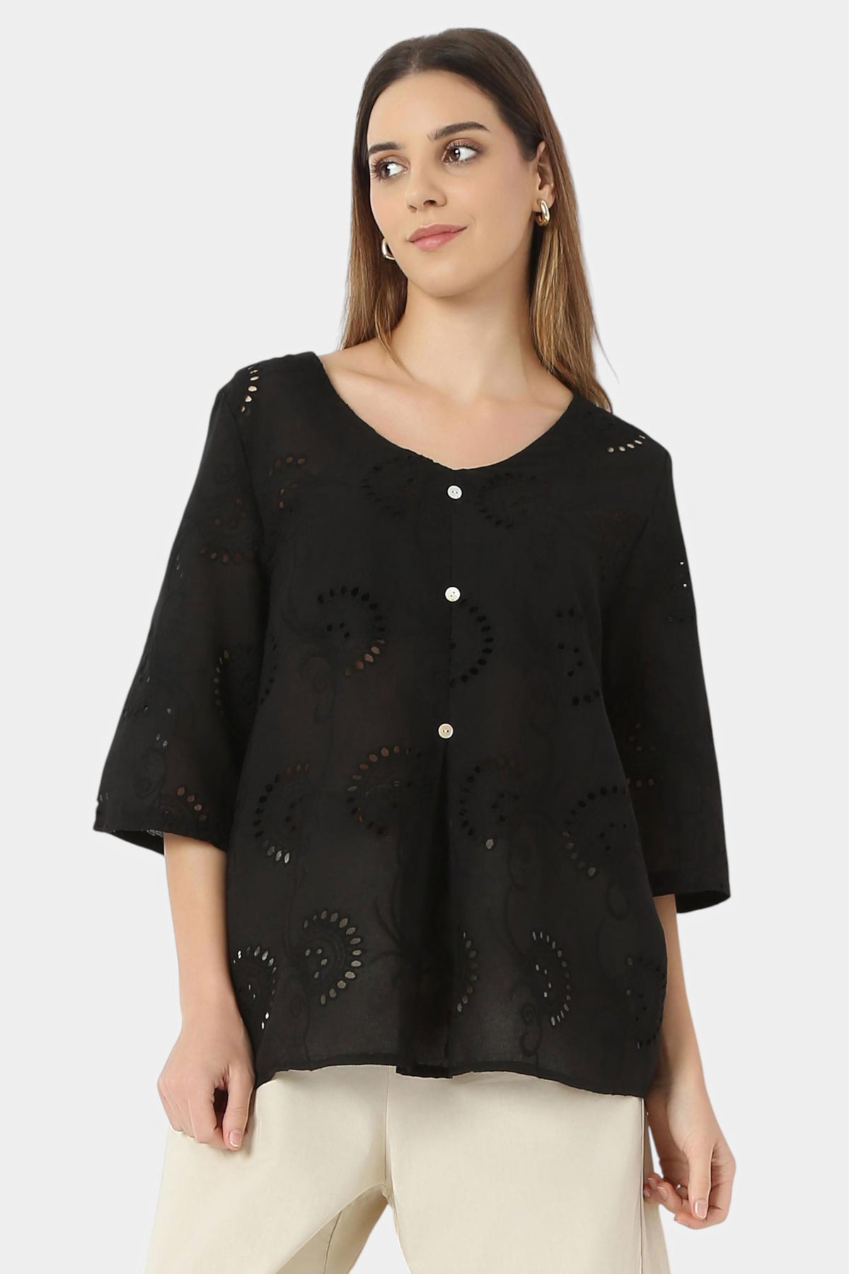 Schiffli Embroidered Button-Front Top
