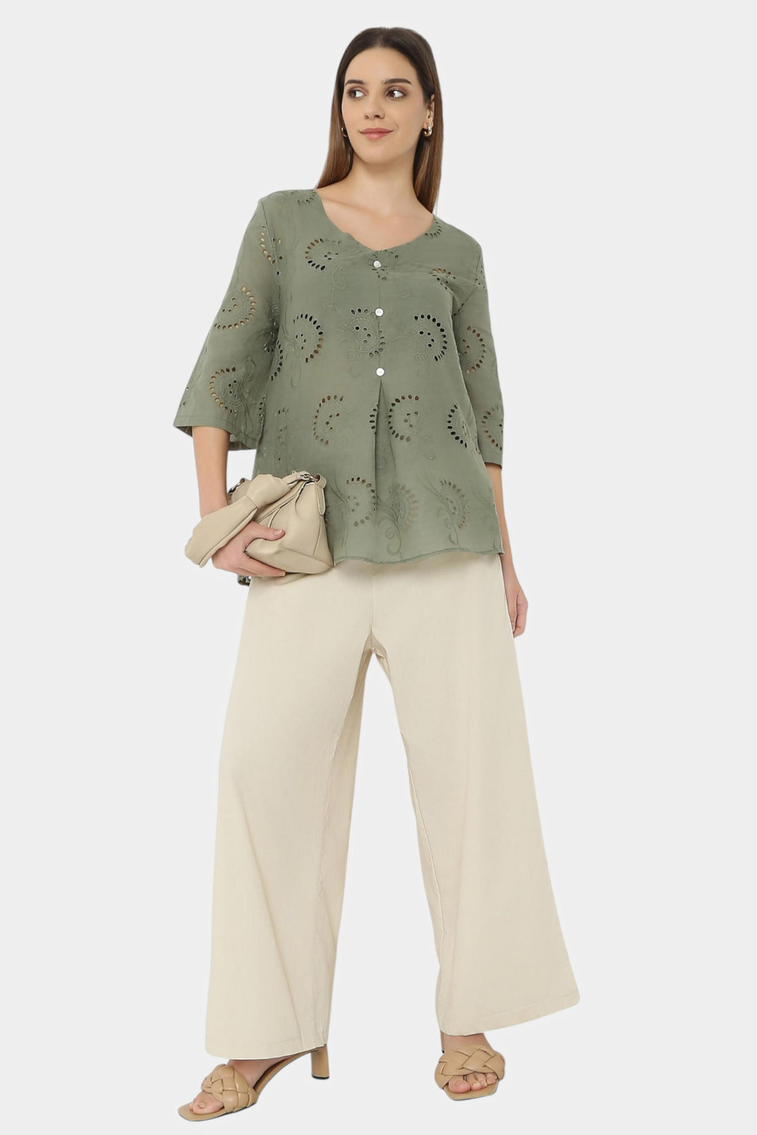Schiffli Embroidered Button-Front Top