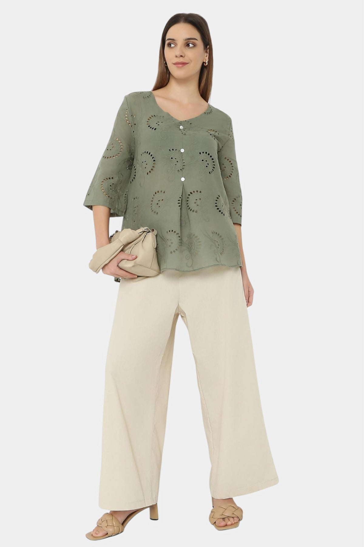 Schiffli Embroidered Button-Front Top