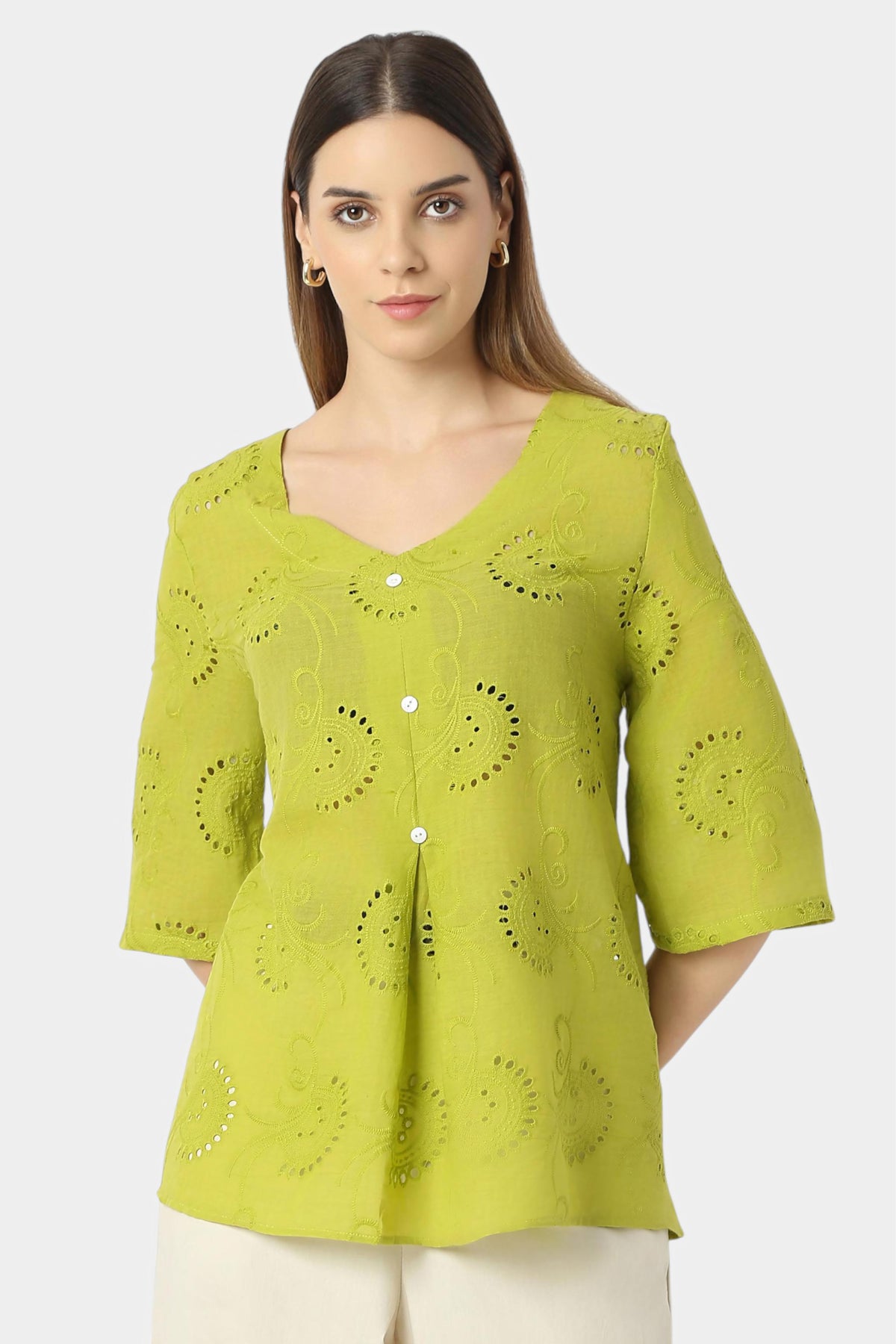 Schiffli Embroidered Button-Front Top