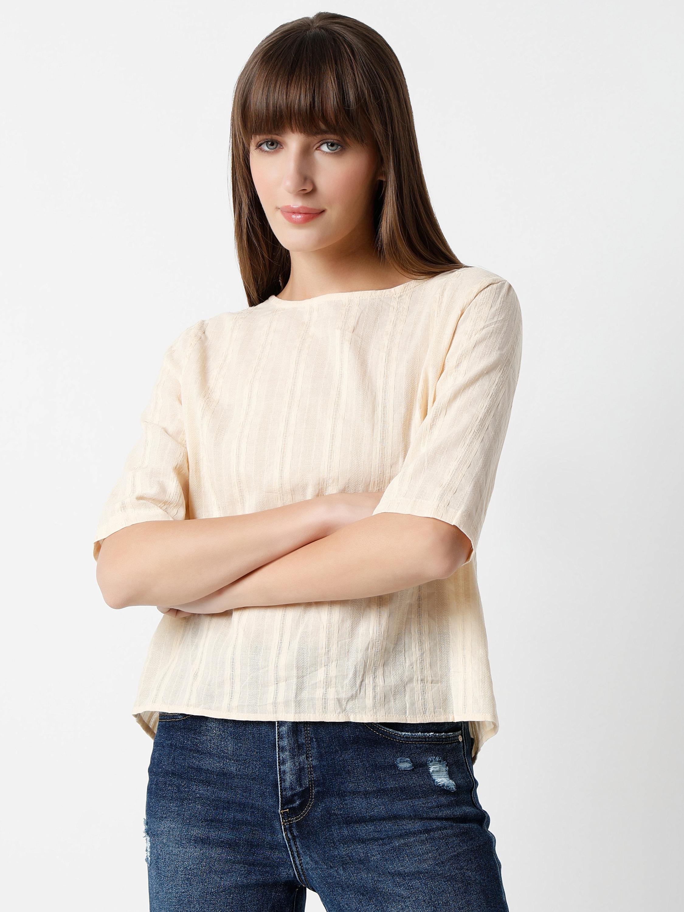 Textured Boxy Bateau-Neck Top with Half Sleeves
