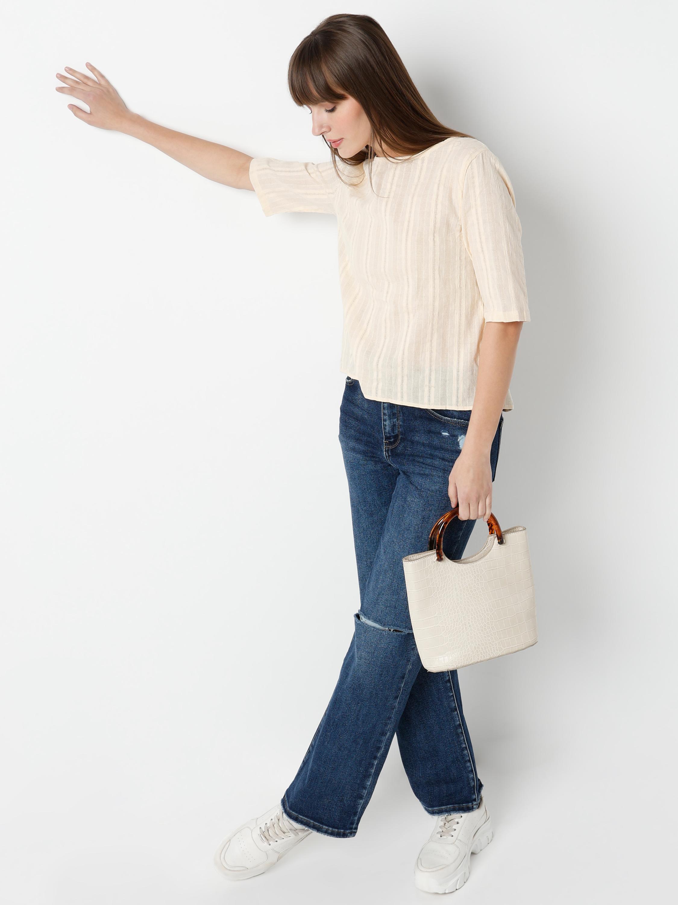 Textured Boxy Bateau-Neck Top with Half Sleeves
