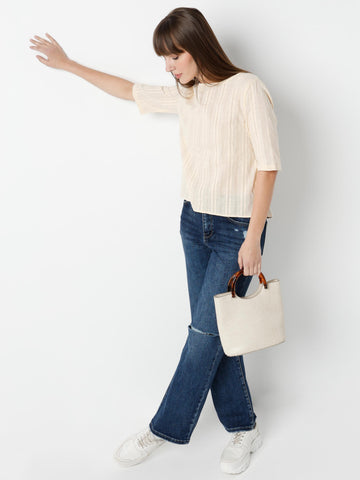 Textured Boxy Bateau-Neck Top with Half Sleeves