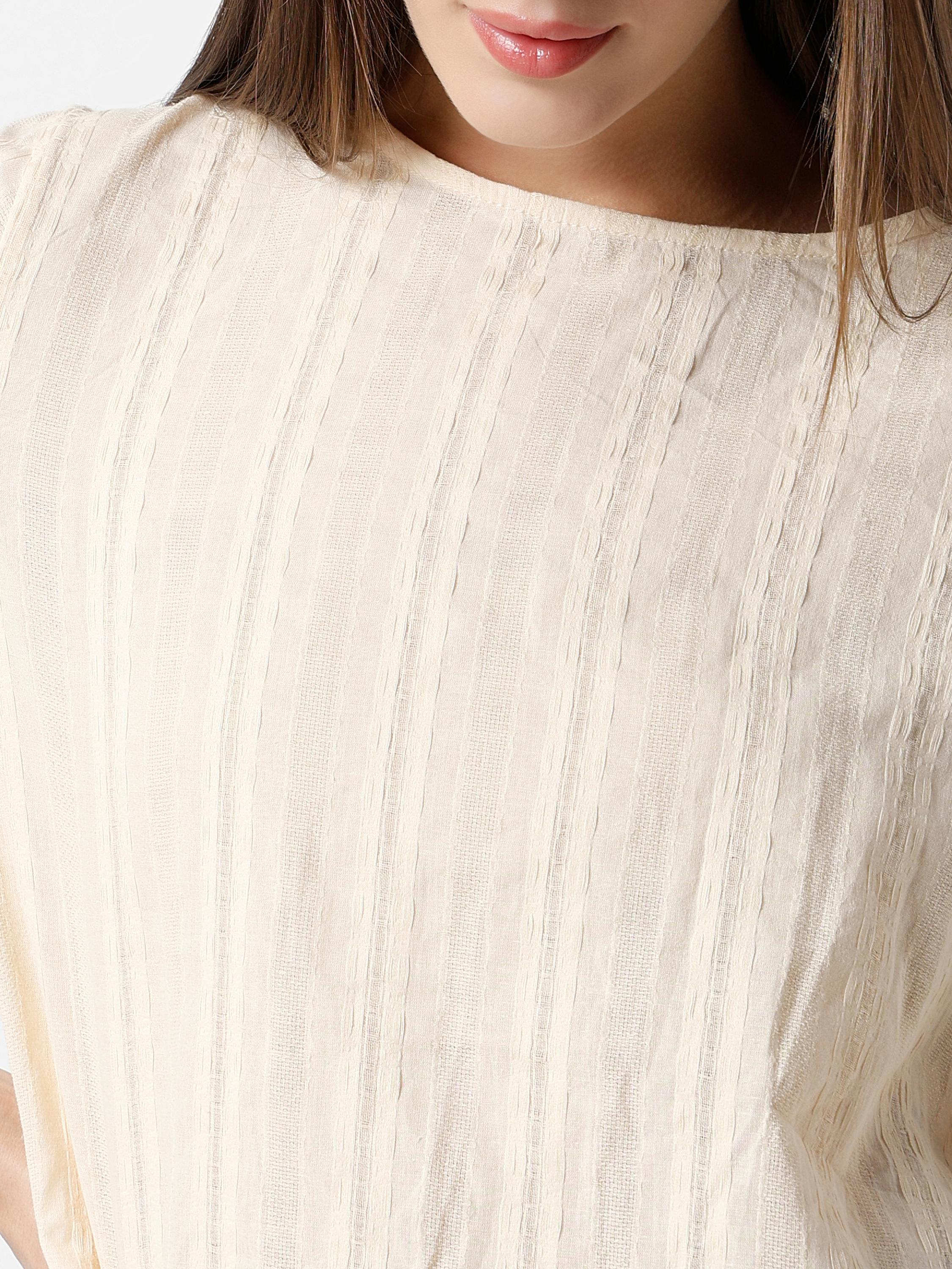 Textured Boxy Bateau-Neck Top with Half Sleeves