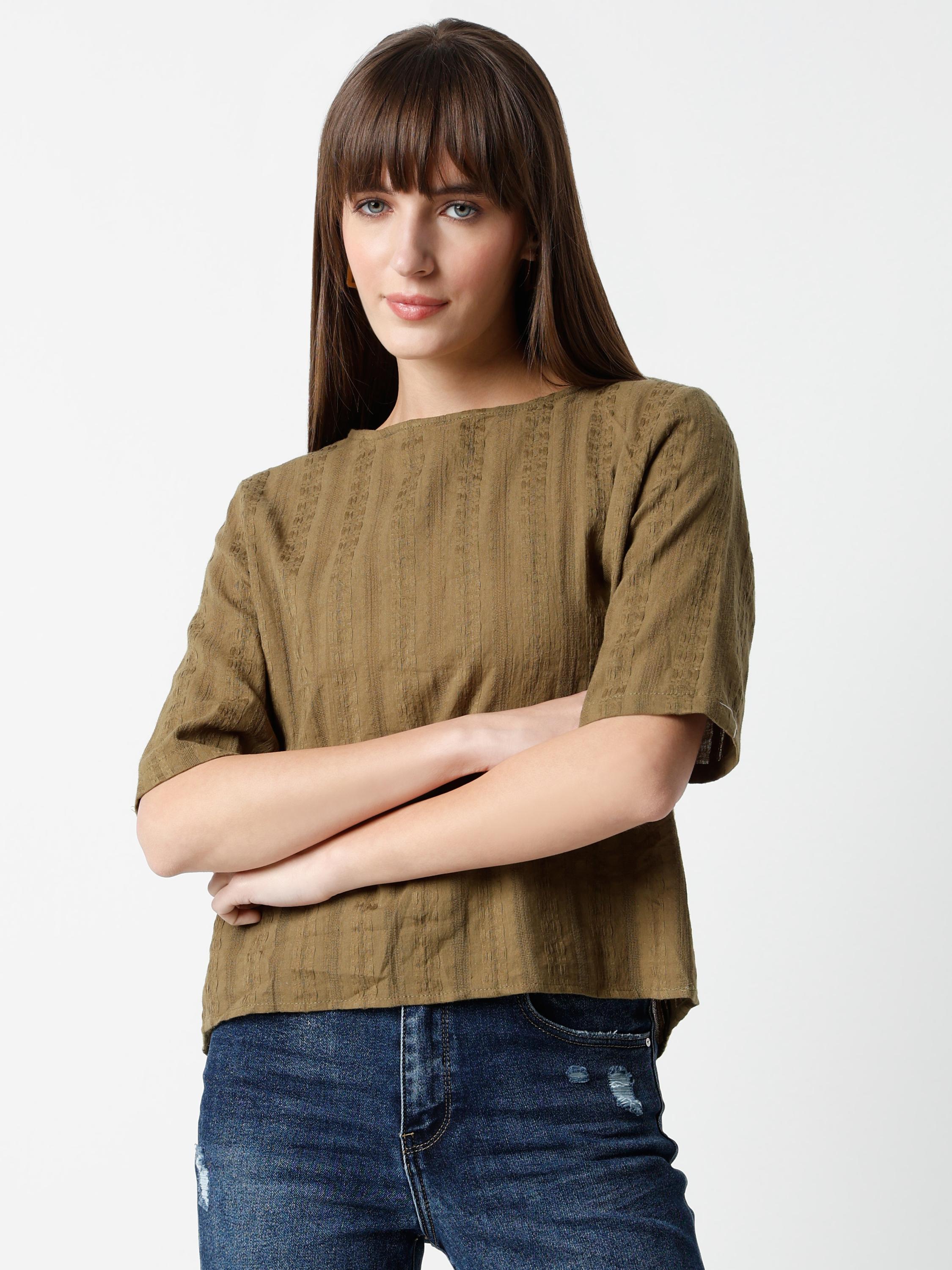 Textured Boxy Bateau-Neck Top with Half Sleeves
