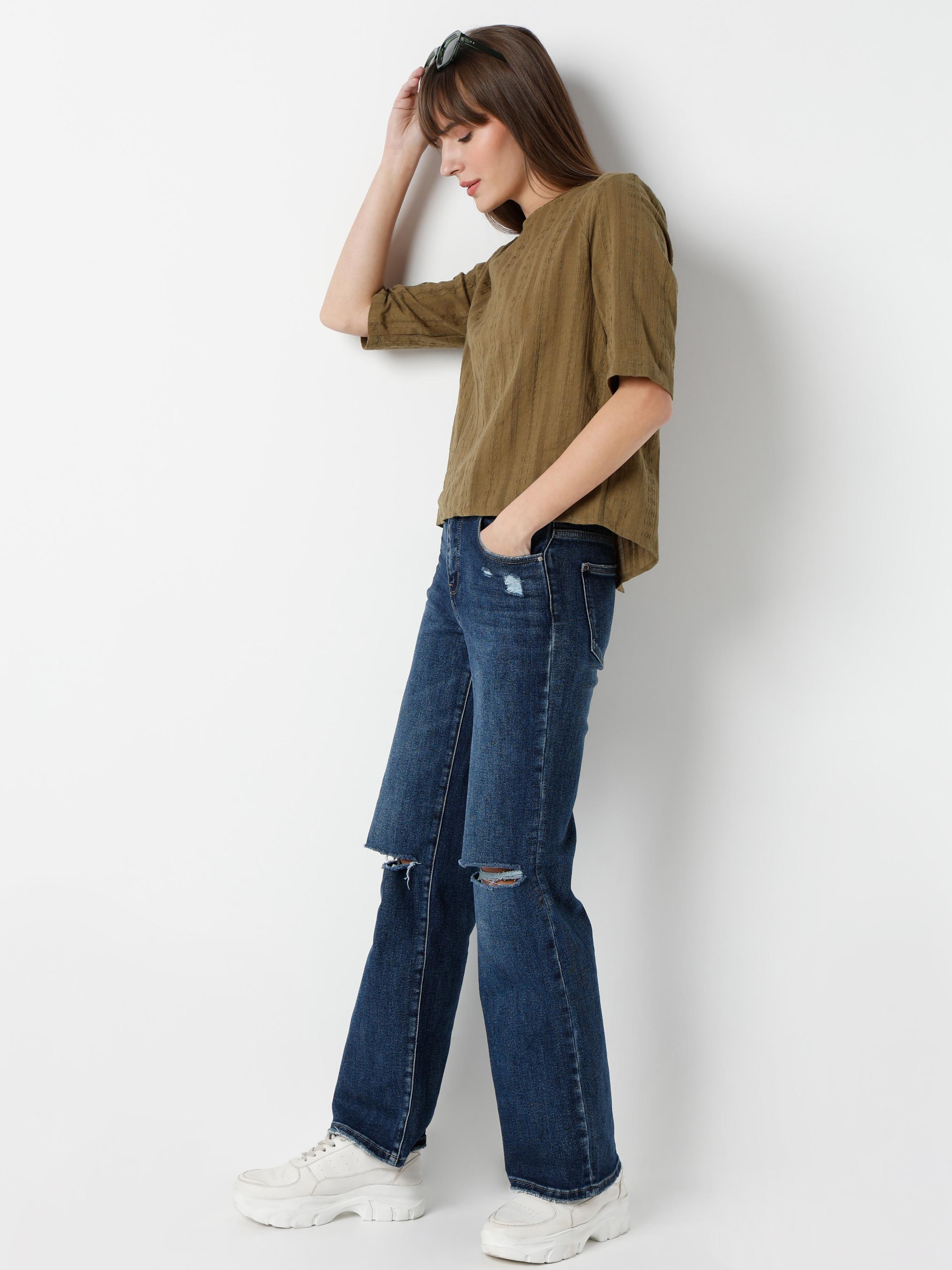 Textured Boxy Bateau-Neck Top with Half Sleeves