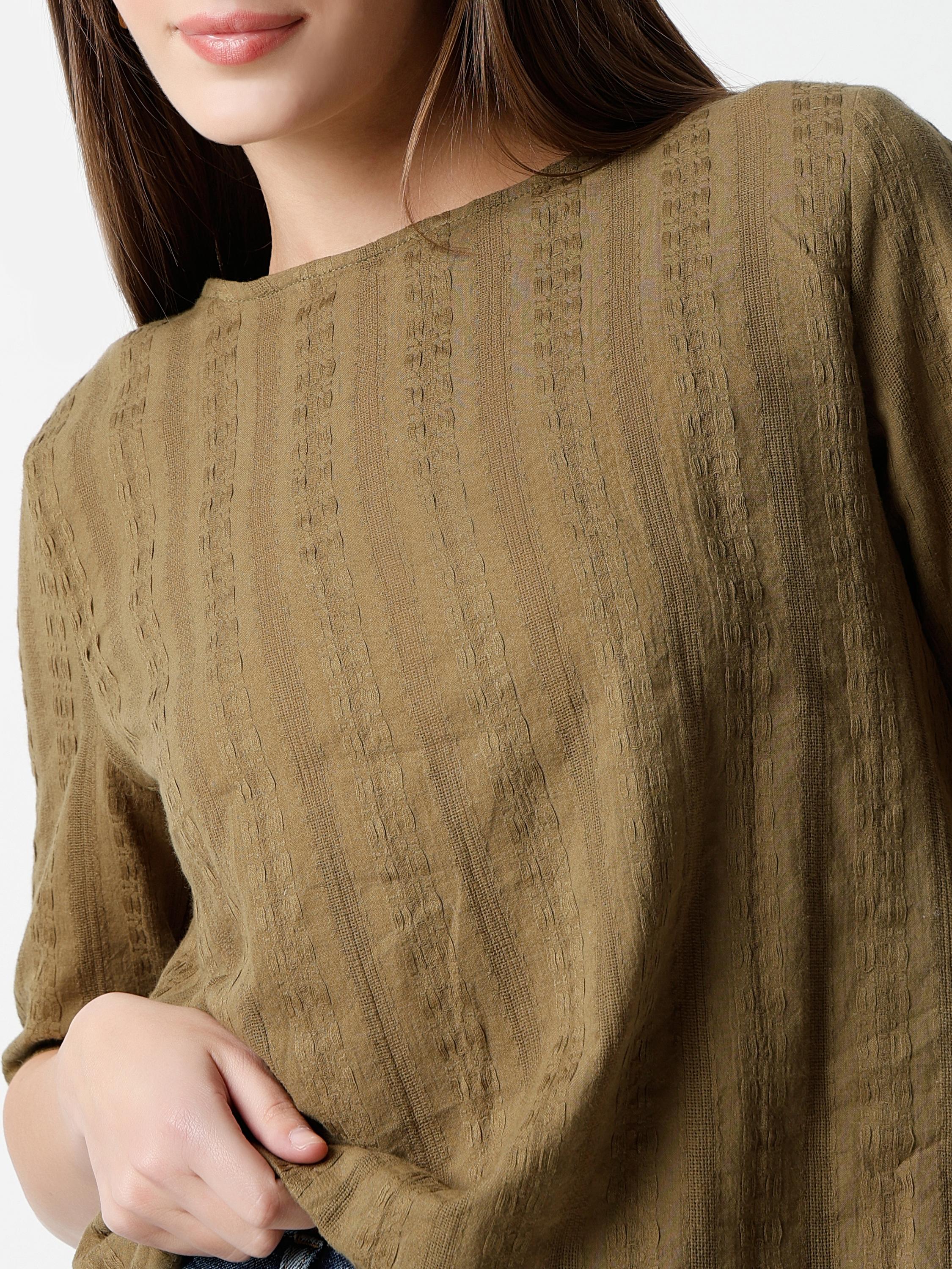 Textured Boxy Bateau-Neck Top with Half Sleeves