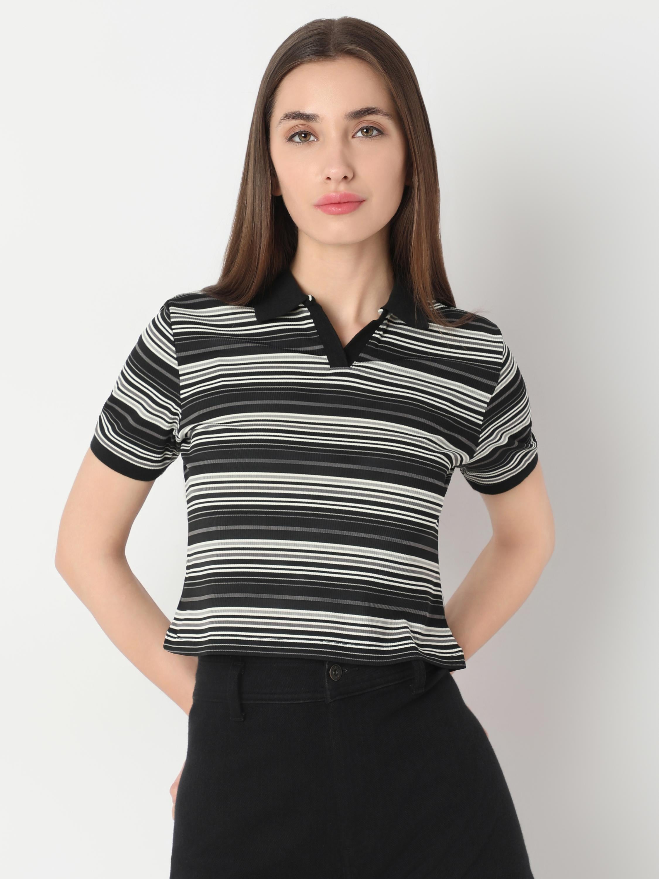 Multi-Stripe Ribbed Fitted Polo Collar Crop Top