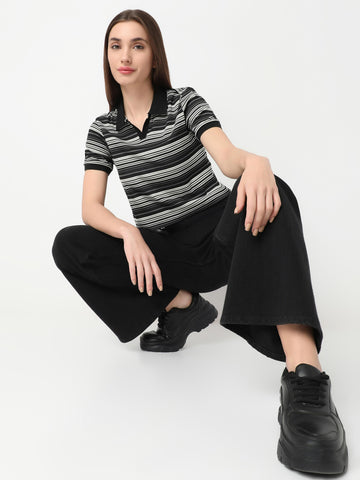 Multi-Stripe Ribbed Fitted Polo Collar Crop Top