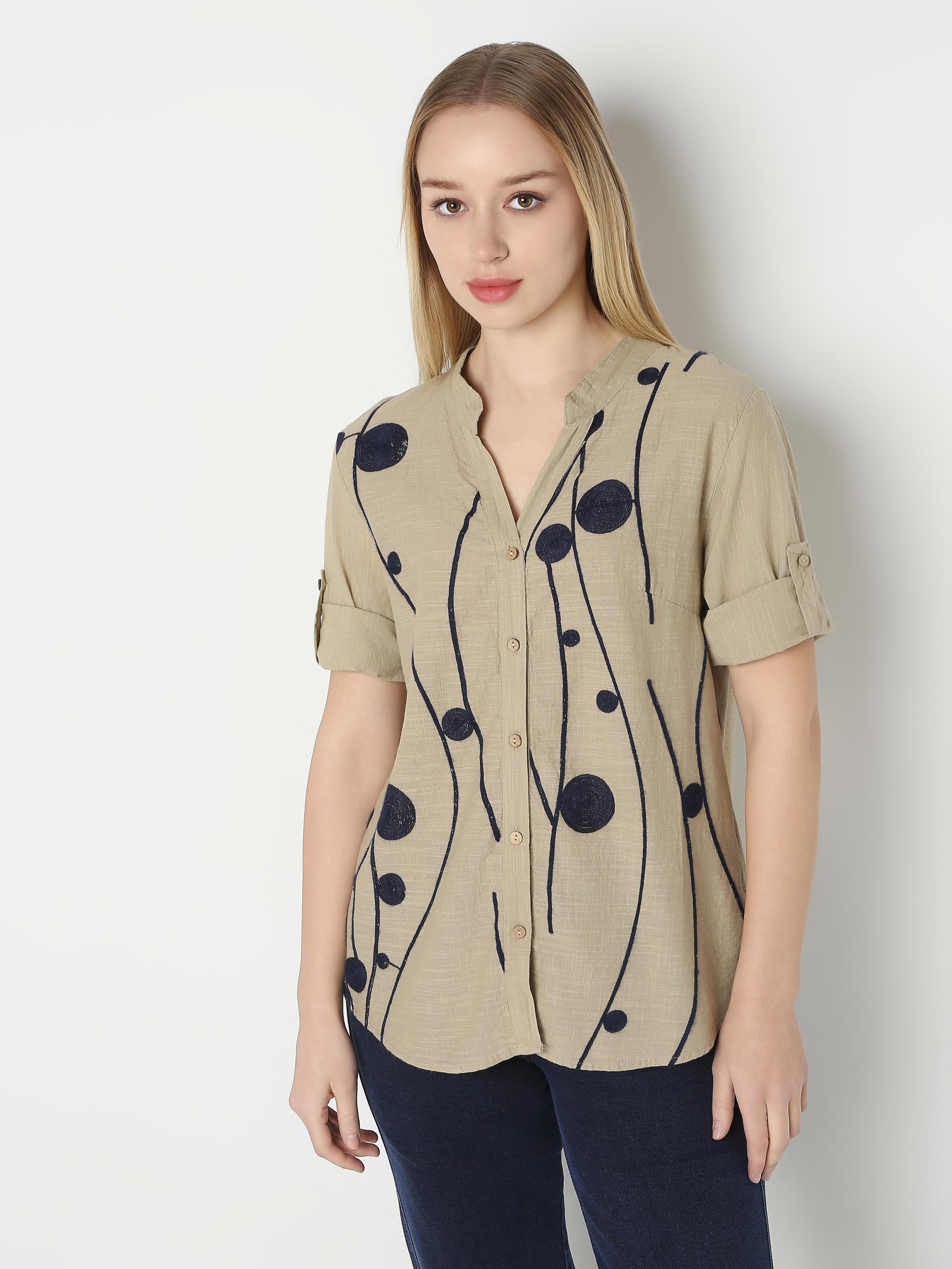 Beige Linen Shirt with Navy Circle Embroidery