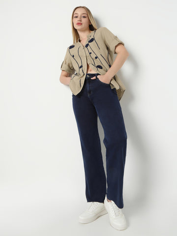 Beige Linen Shirt with Navy Circle Embroidery
